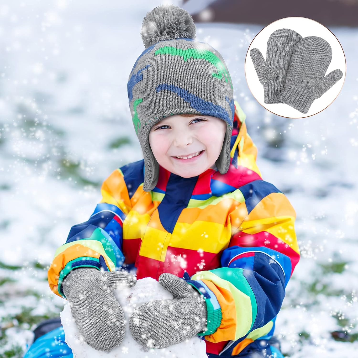 4 PCS Baby Boy Toddler Dinosaur Hat and Glove Set Boys Winter Hat Beanie Kids Gloves Winter Earflap Beanie Fleece Skiing Caps with Warm Ear Flap (Grey, Navy โ image 5