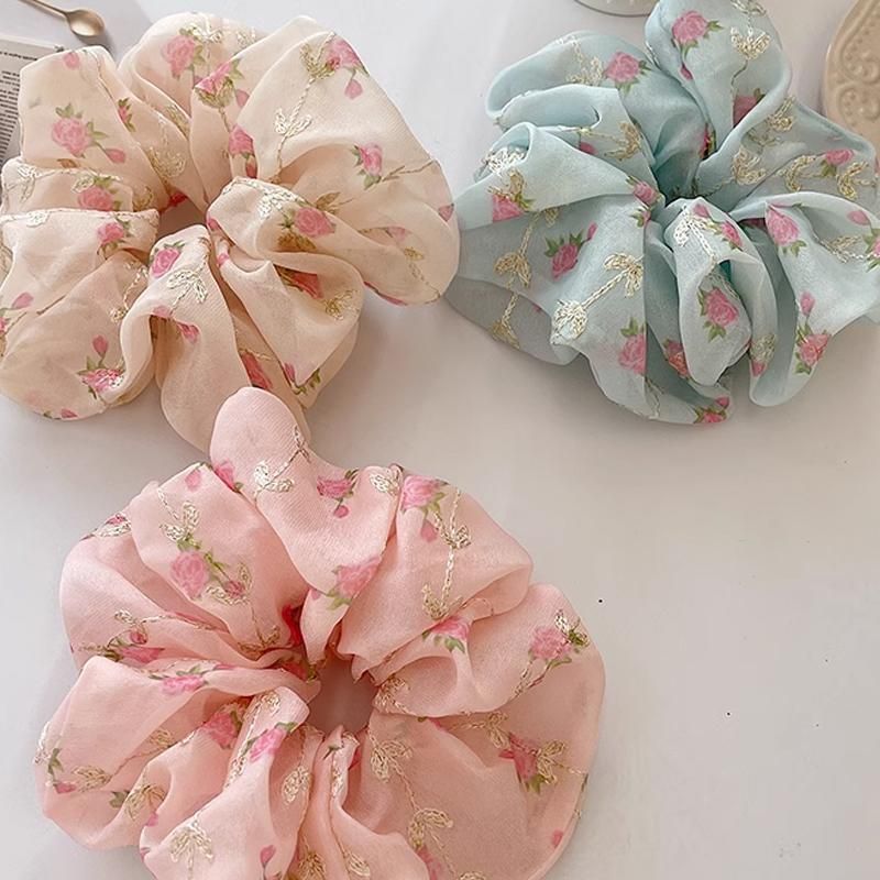 Flower Embroidery Mesh scrunchies Women romantic Cream Chiffon Hair Ponytail - Pink โ image 3