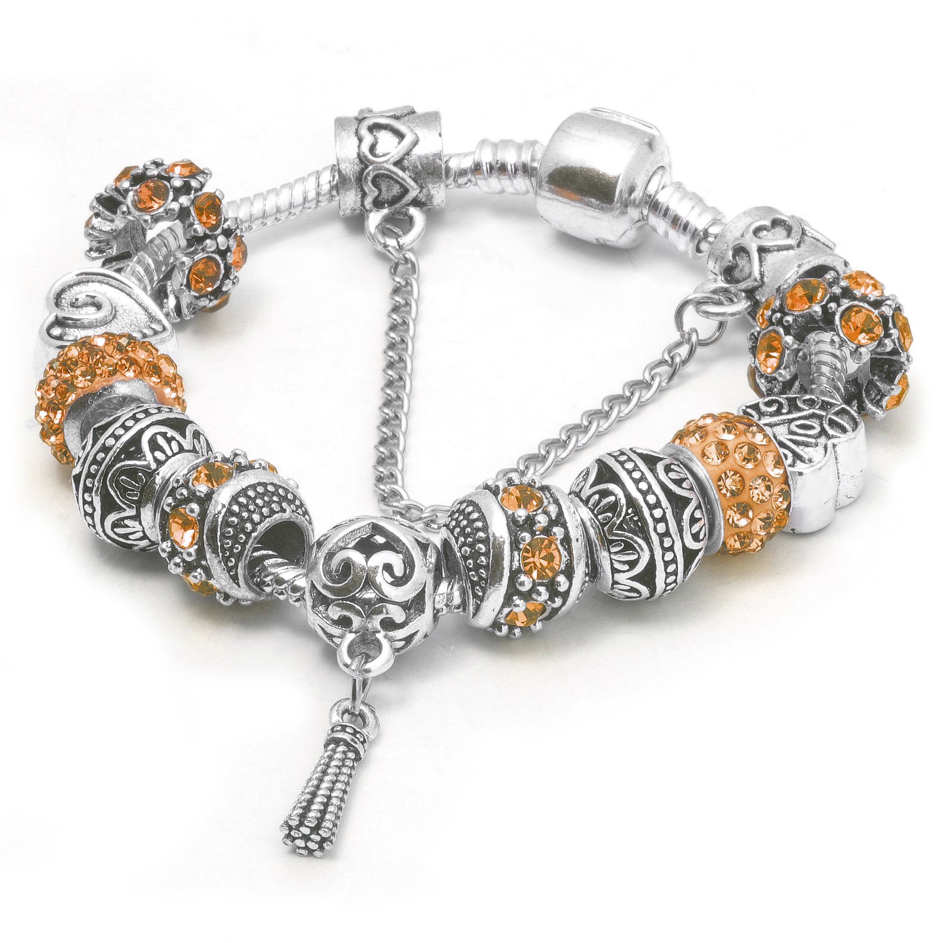 Women’s Vintage Silver-Plated Charm Bracelet - Crystal-Embedded Hollow Carved Multi-Bead Fashion Jewelry(orange-17cm)