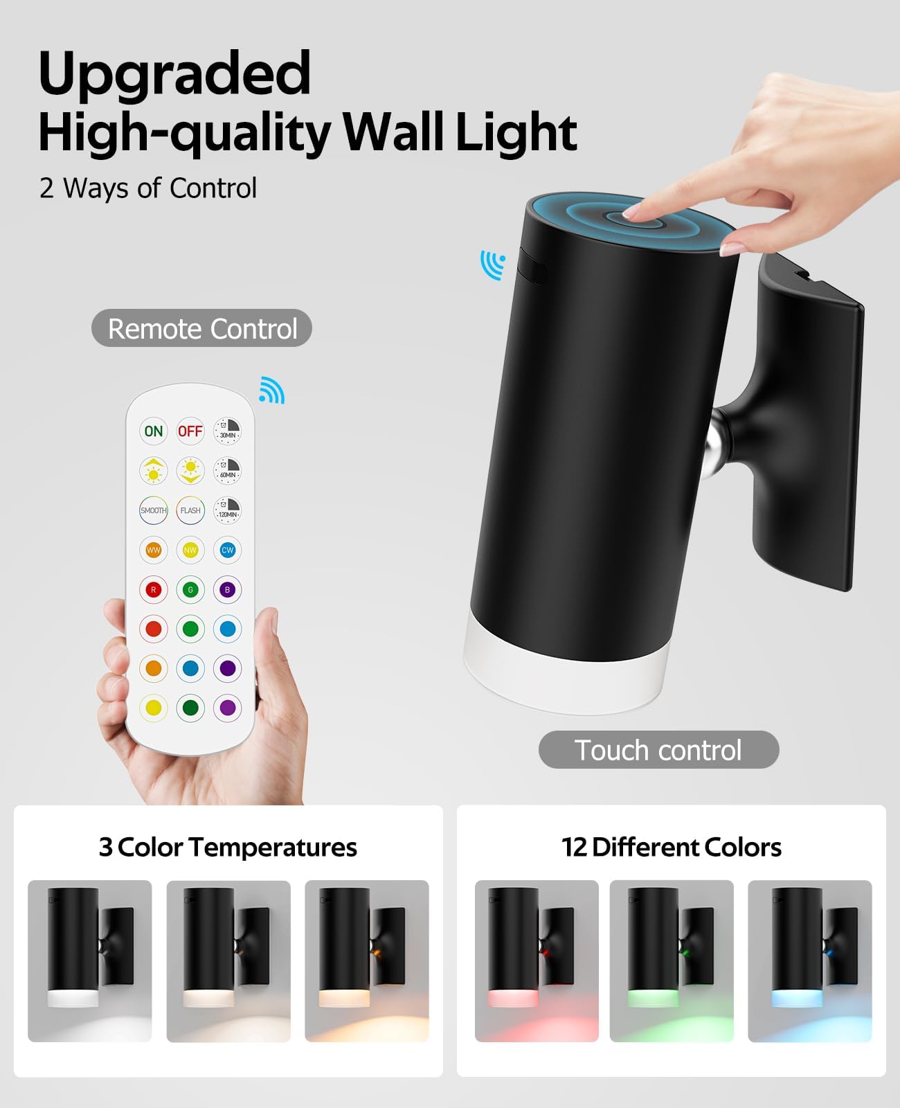 Battery Operated Wall Lights 2 Pack Rechargeable Wall Lights Indoor Touch Dimmable with Remote Control,Magnetic Wall Sconce Lights Battery Black Wireless LED โ image 2