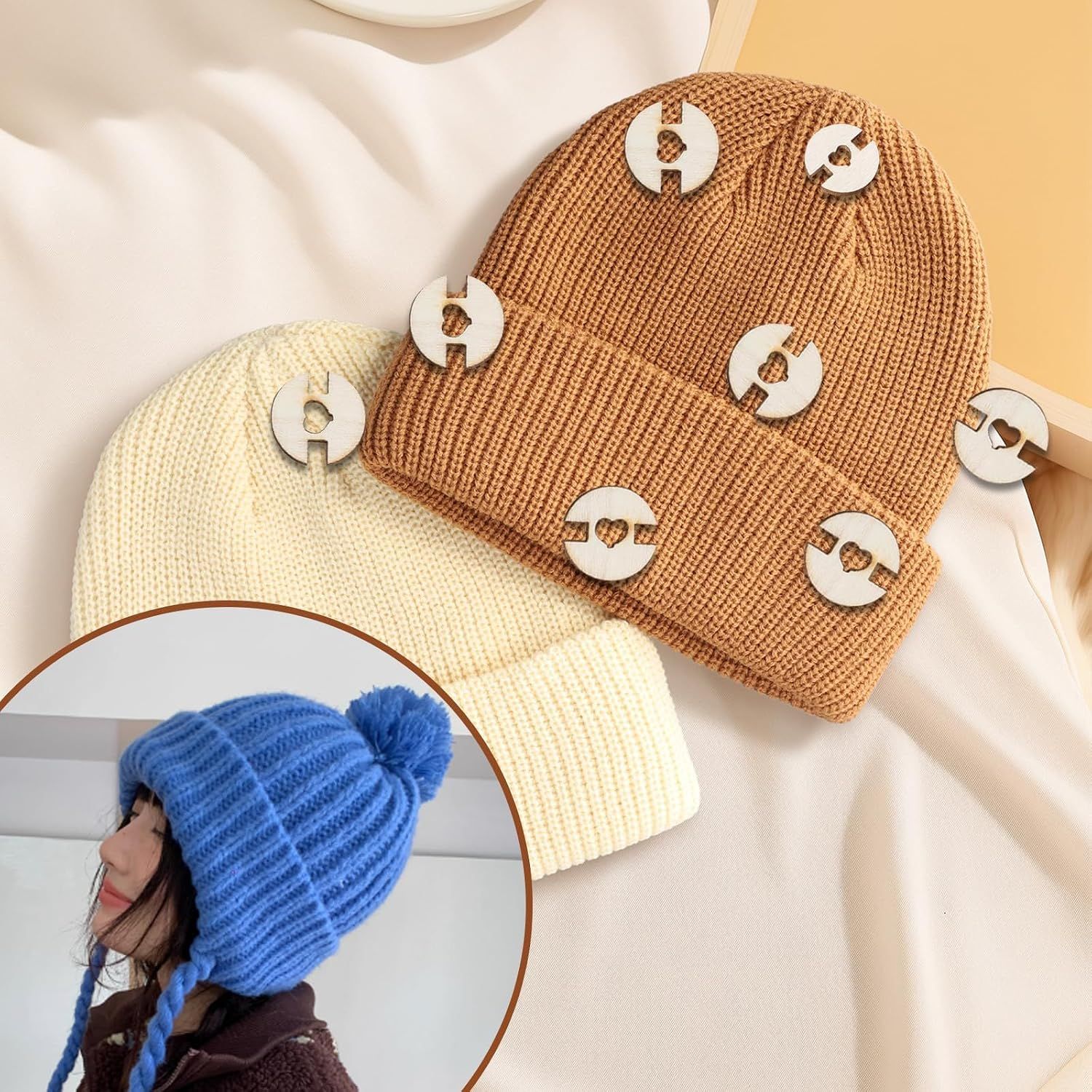 100 Pack Pom Buttons for Hats, Sew-On Craft Buttons with Wooden Holder for Crochet, Knitting Beanies and DIY Decoration — image 6