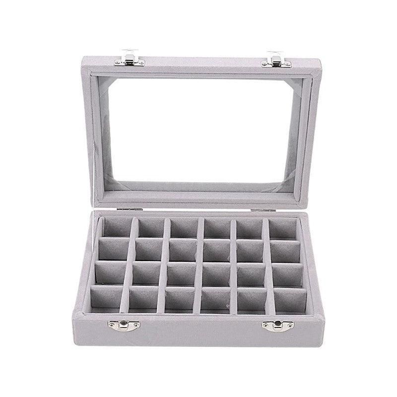 Velvet Jewelry Box Earring Organizer Display Case Storage Holder with 24 Grid - Grey