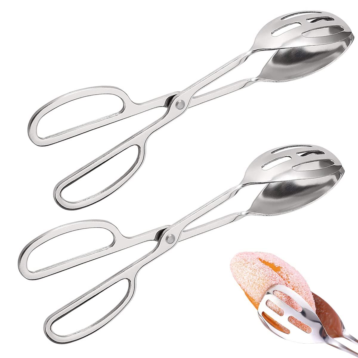 2 Pieces Buffet Salad Tongs for Kitchen Serving and Cooking, Stainless Steel Food Scissor Tongs, Catering Utensil (Silver)