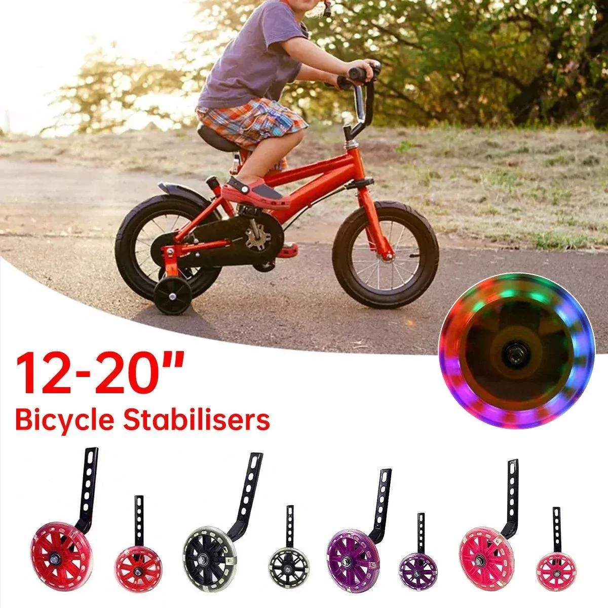 12-20 Inch Kids Bike Training Wheels Silent Flashing PVC Stabilizer Auxiliary - Pink โ image 2