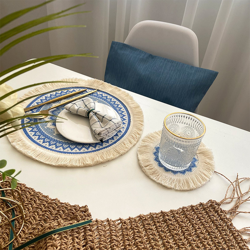 4 Pcs Beige and Grey Boho Chic Woven Cotton Placemat with Tassels - Nordic Bohemian Style(Tableware is a prop for shooting and is not included) โ image 3