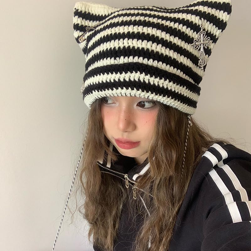 Grunge Beanies Crochet Knitted Hats for Women Girls Fox Cat Ear Goth Emo Alt Y2K Accessories Grunge Clothes โ image 6