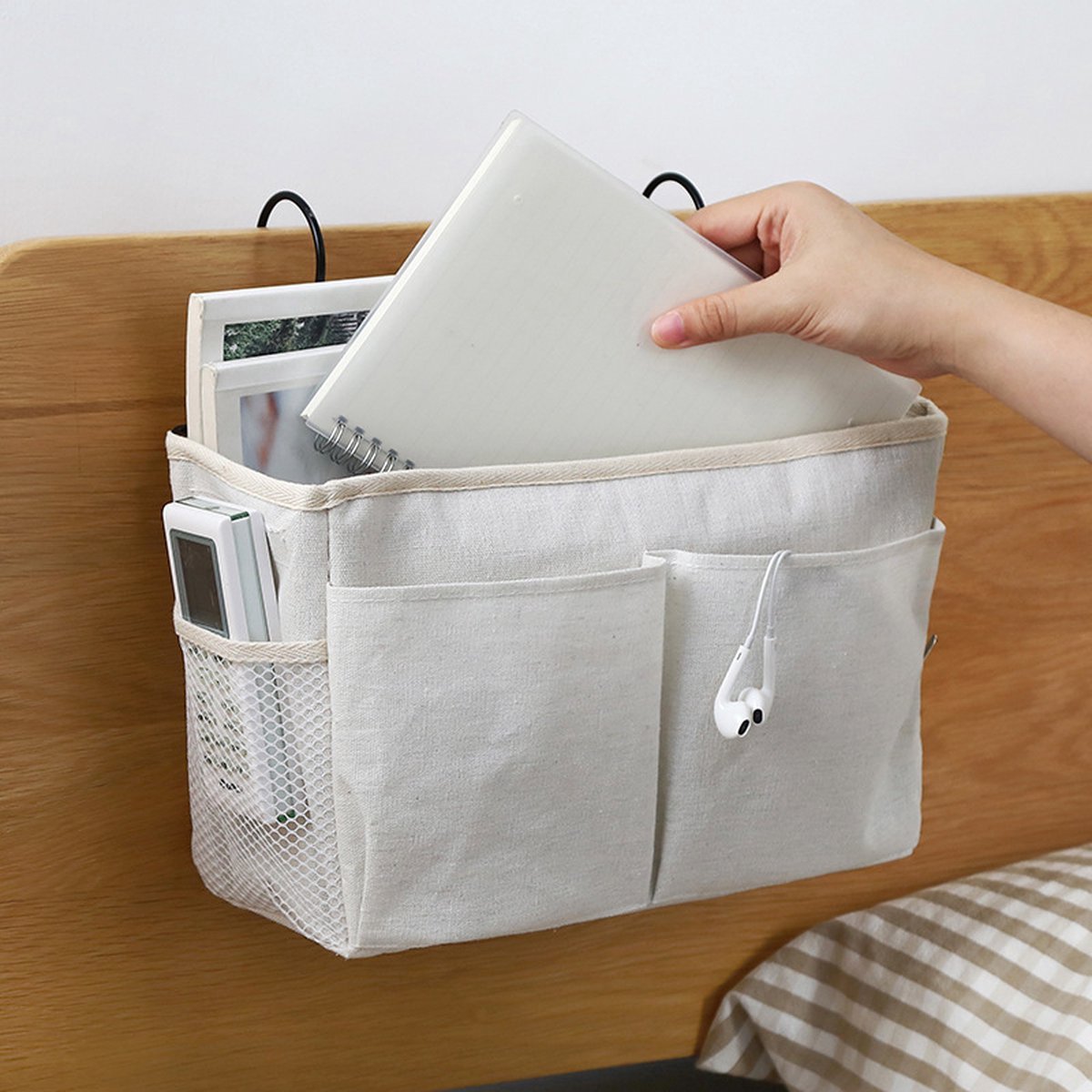 Bedside Pocket - Bed Organizer With Frame - Bed Storage Bag - Cotton - Bed Storage Bag - Bedside Table - Bedside Organizer - Bedside Pocket Storage Bag - White — image 2