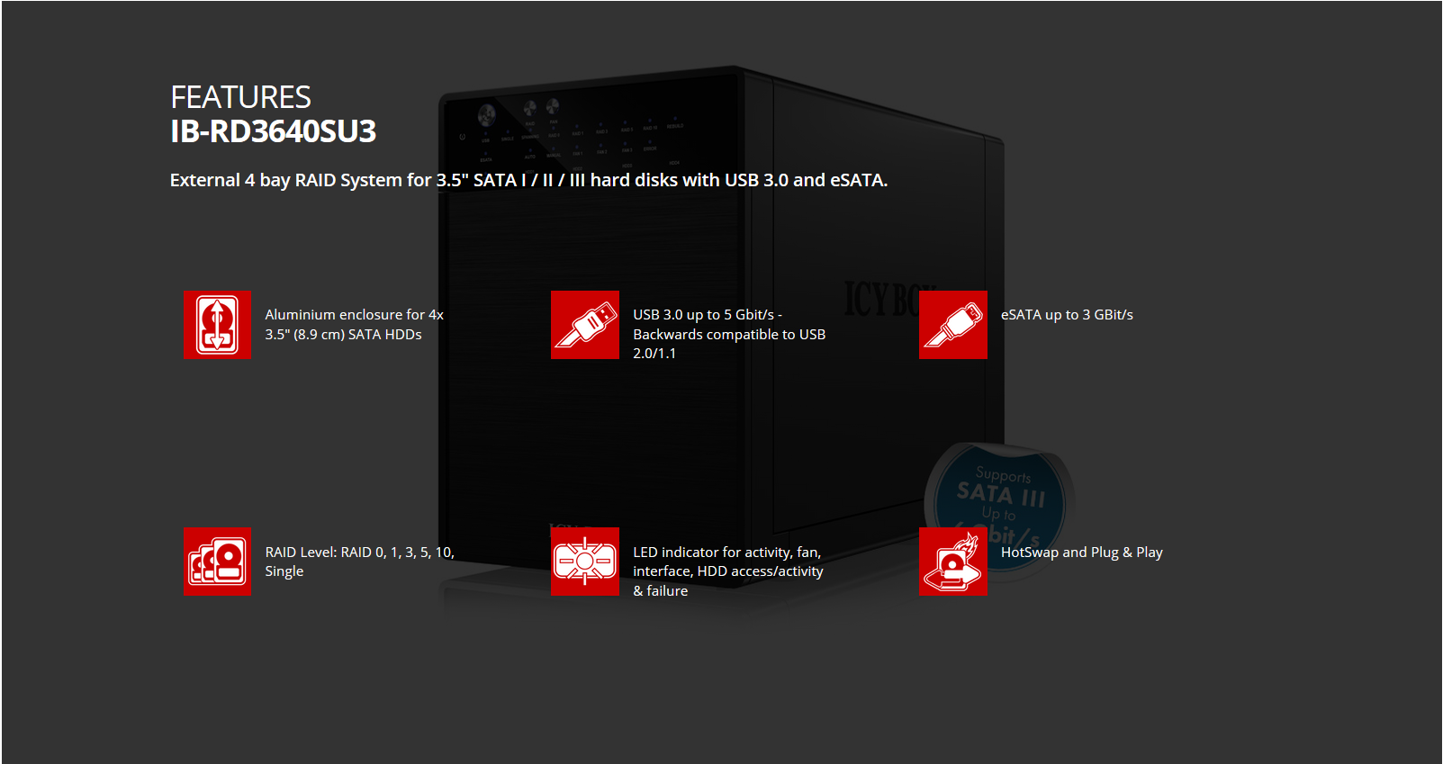 ICY BOX External 4 bay RAID System for 3.5" SATA I / II / III hard disks with USB 3.0 and eSATA (IB-RD3640SU3) โ image 4