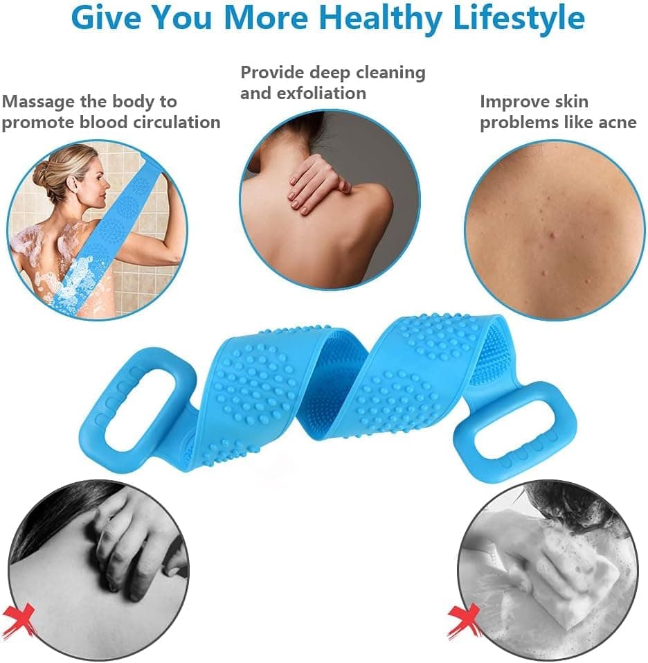 Silicone Body Brush Back Scrubber for Women and Men, Soft Exfoliating Bath Shower Brush with Massage Particles, Blue — image 5