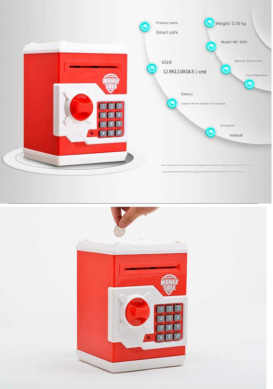 Yellow and Blue Electronic Password Piggy Bank โ An ATM-style automatic money-rolling safe featuring a digital keypad lock, 4-digit password security, and a โ image 3
