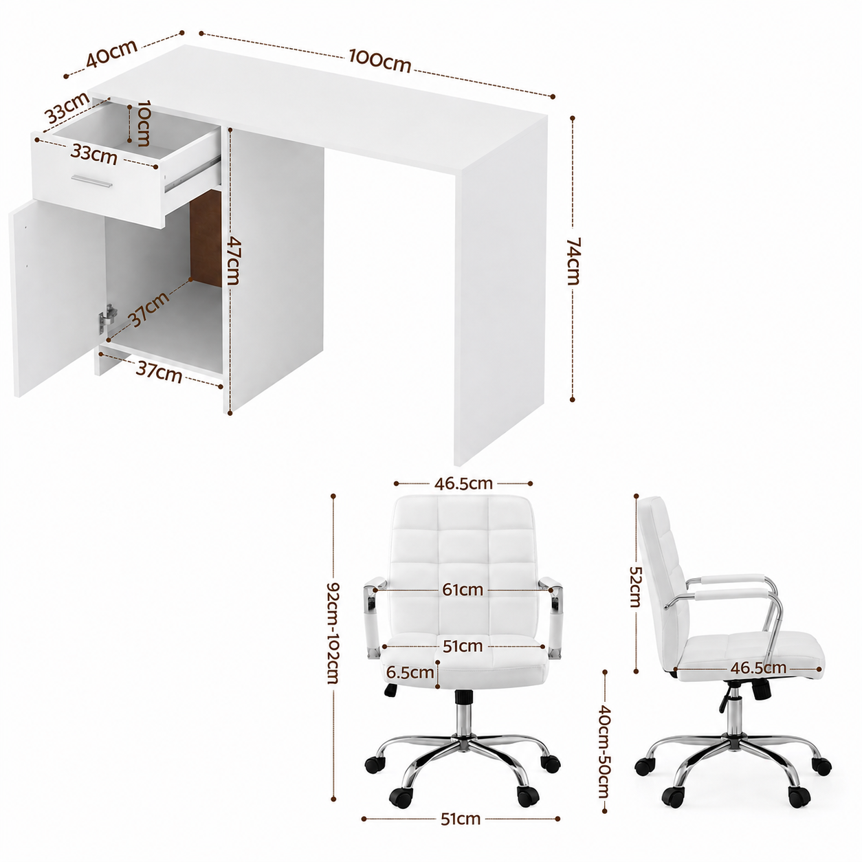 Artiss Office Desk and Chair Set 100cm Computer Desk PU Leather Office Chair โ image 2