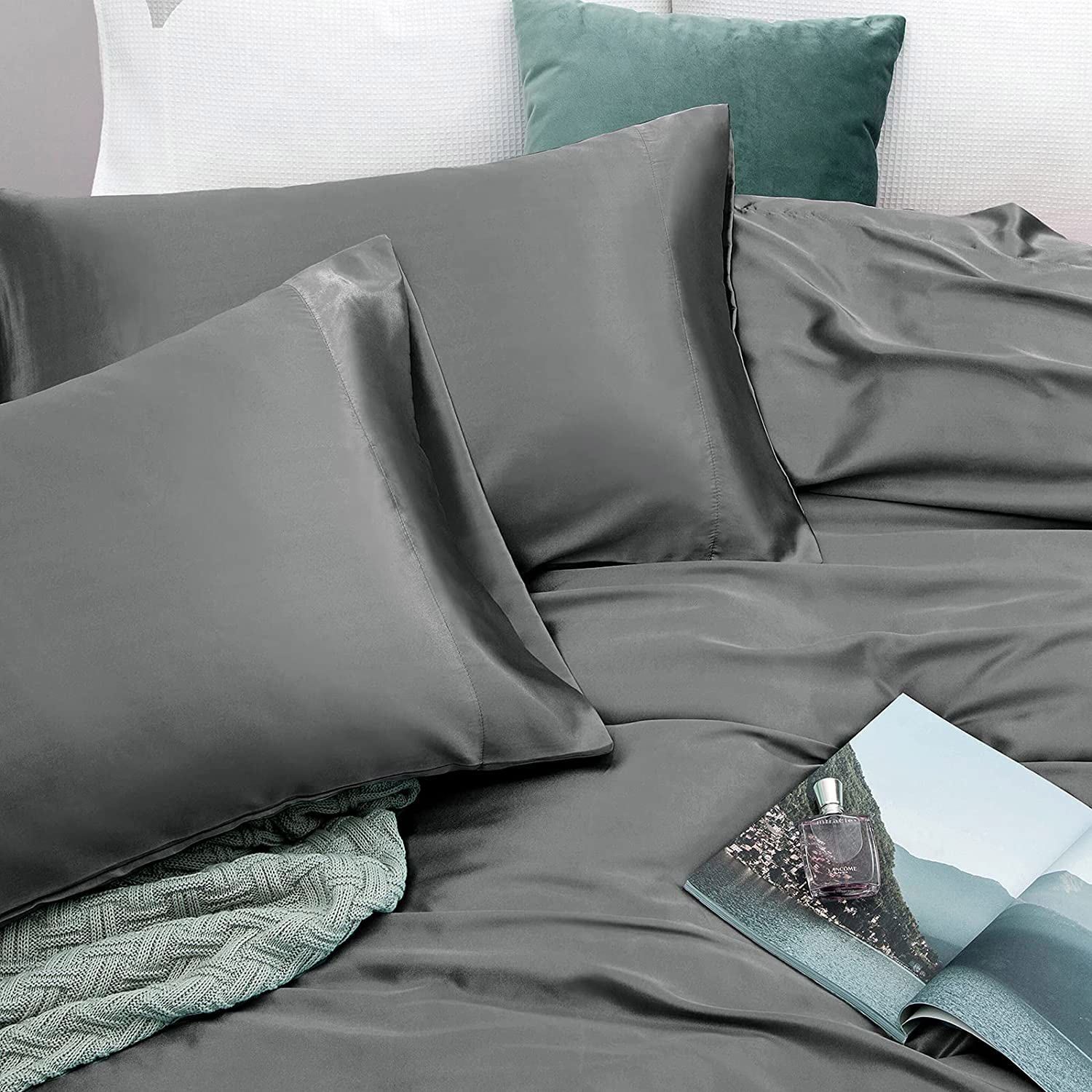Art Silk Satin Sheet Set Hotel 4 Pieces Fitted/Flat Sheet Bedding Set-Luxury Soft Silky Sheets for Hair and Skin, Similar to Silk Bed Sheets Set 4 — image 5