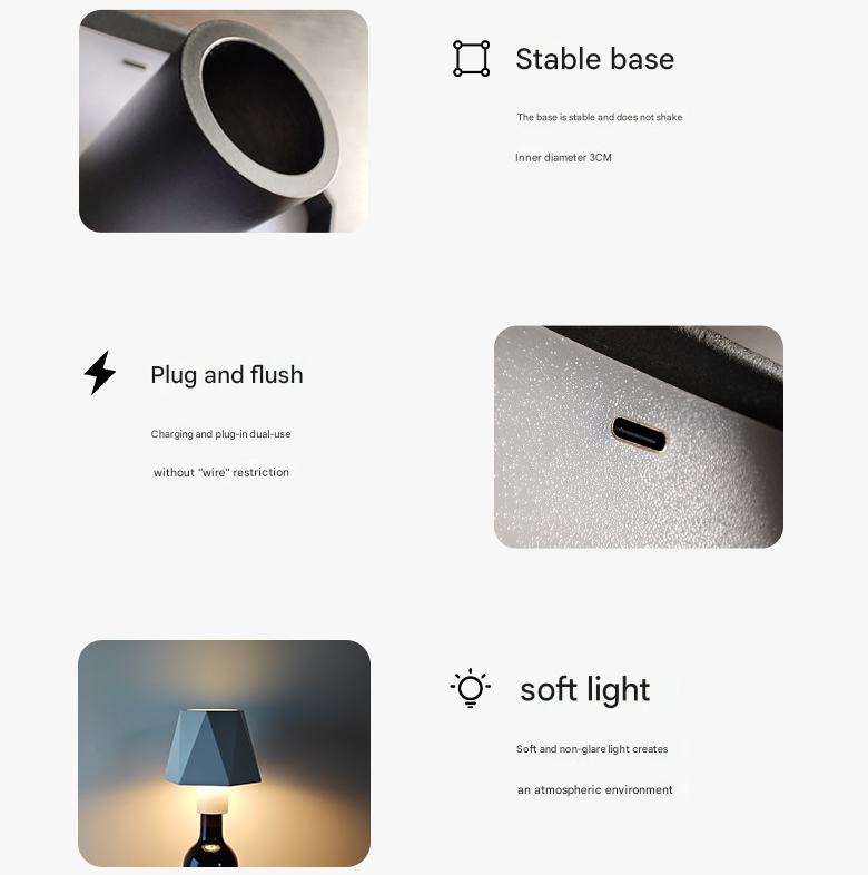 Triangular black Cordless LED Bottle Lamp - Rechargeable Touch-Control Table Light with 3 Color Modes for Bar & Home Decor — image 3