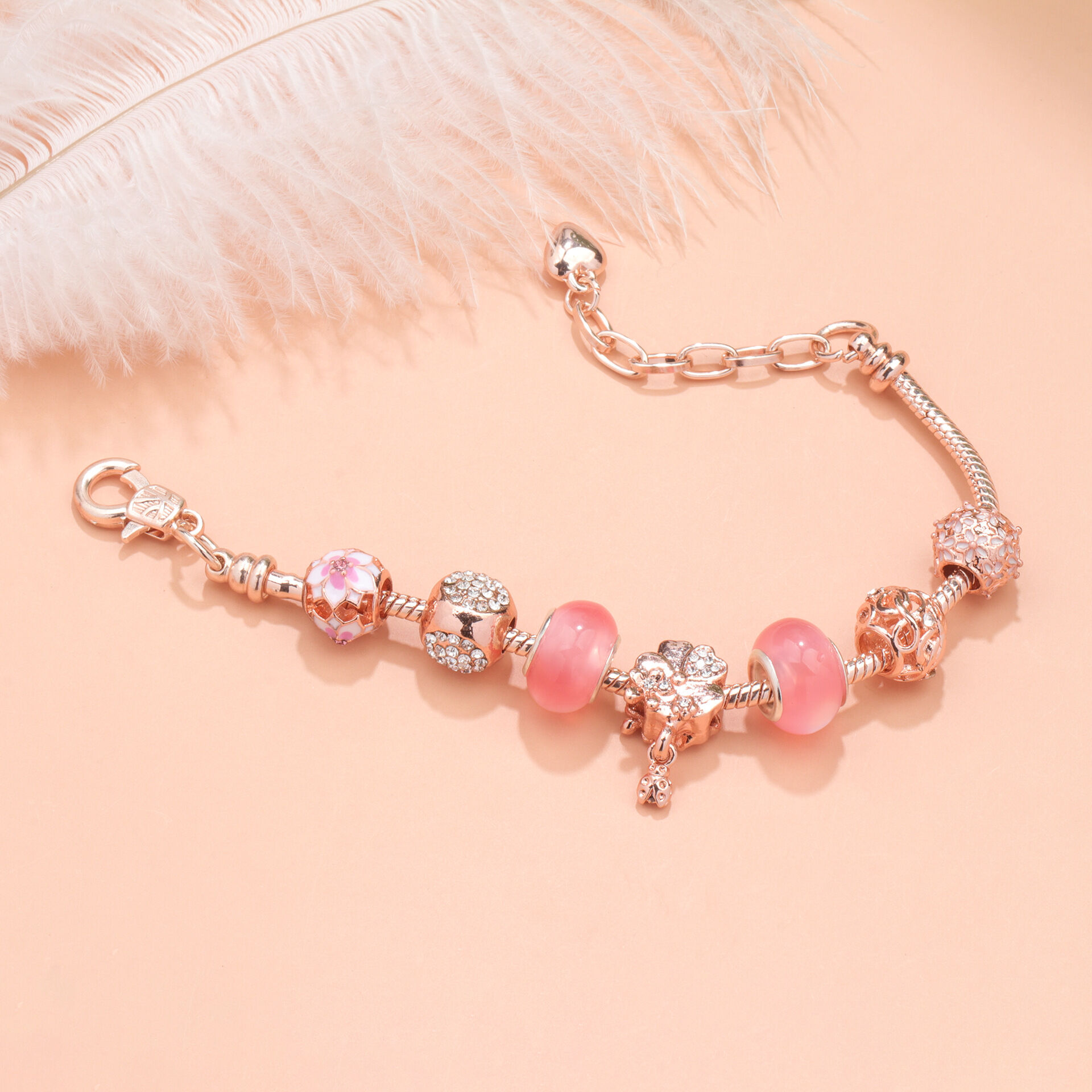 Rose Gold Beaded Bracelet with Floral & Zircon Accents(19cm) — image 3