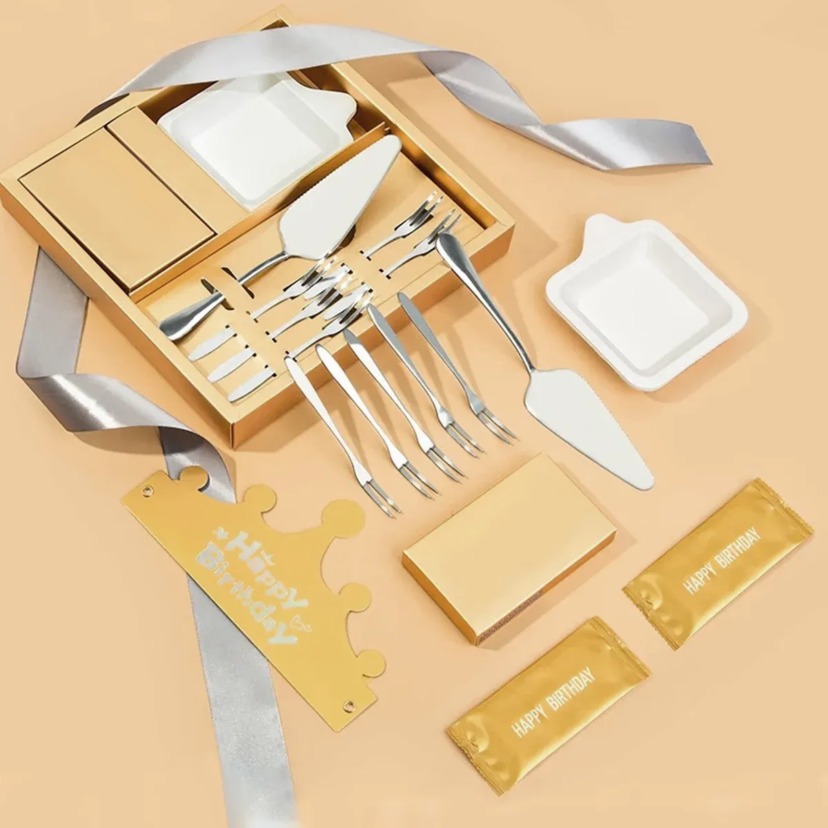Stainless Steel Cake Knife Fork Plate Set With Candles For Party Dessert Serving — image 5