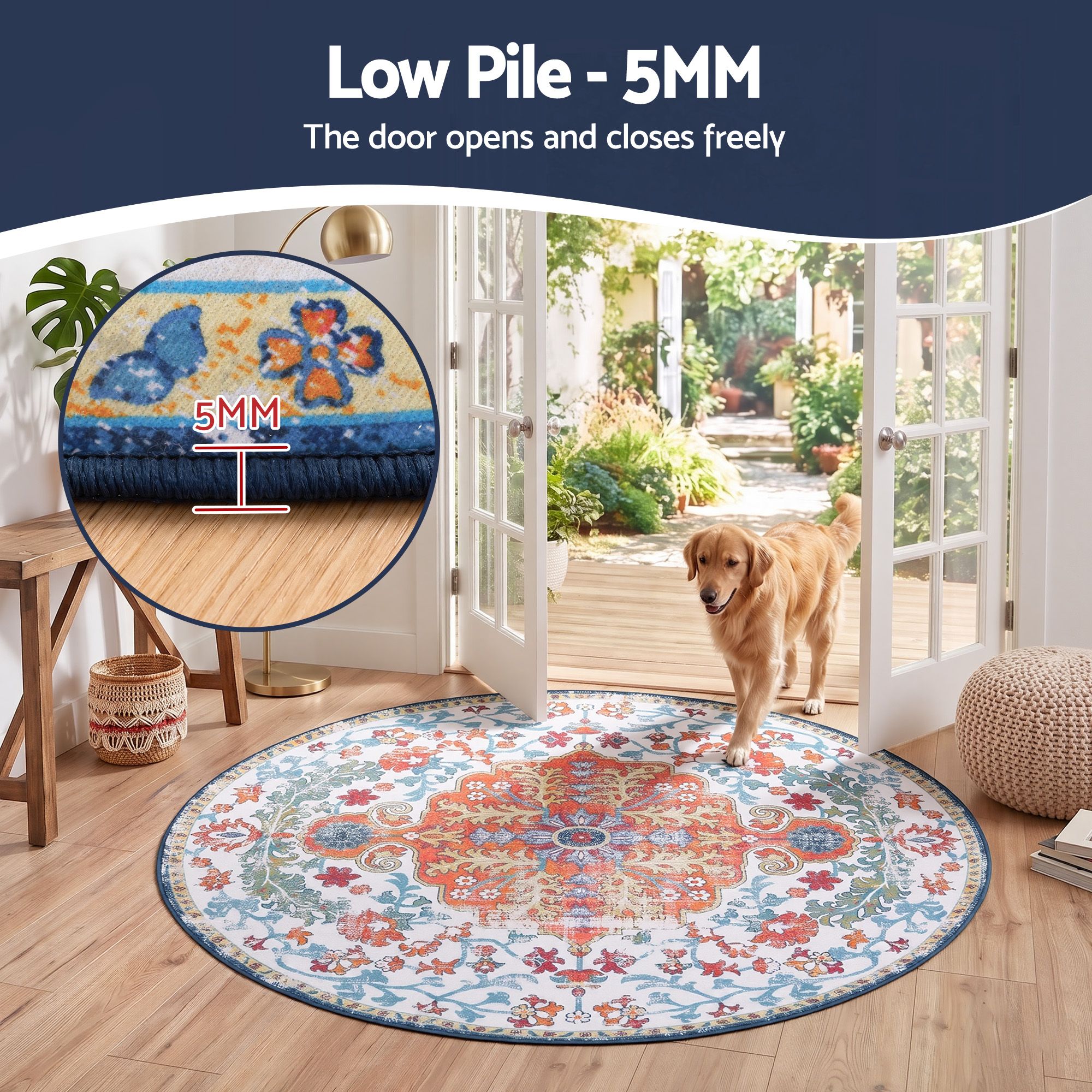 Artiss 120 cm Round Rugs for Living Room With Silicone Dots Grip For Bedroom Entryway 5mm Ultra Thin Foldable Machine Washable Vintage Boho Floor Carpet โ image 6