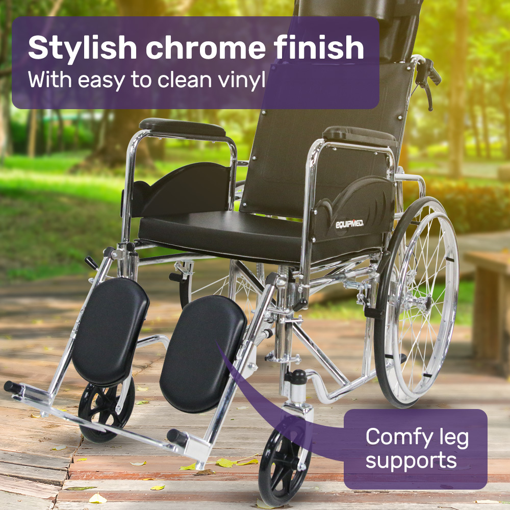 Equipmed Folding Manual Reclining Wheelchair Self Propelled, 24" Rear Wheels, Chrome Steel Frame, 46cm Wide Seat, 100kg Capacity, Park Brakes — image 5