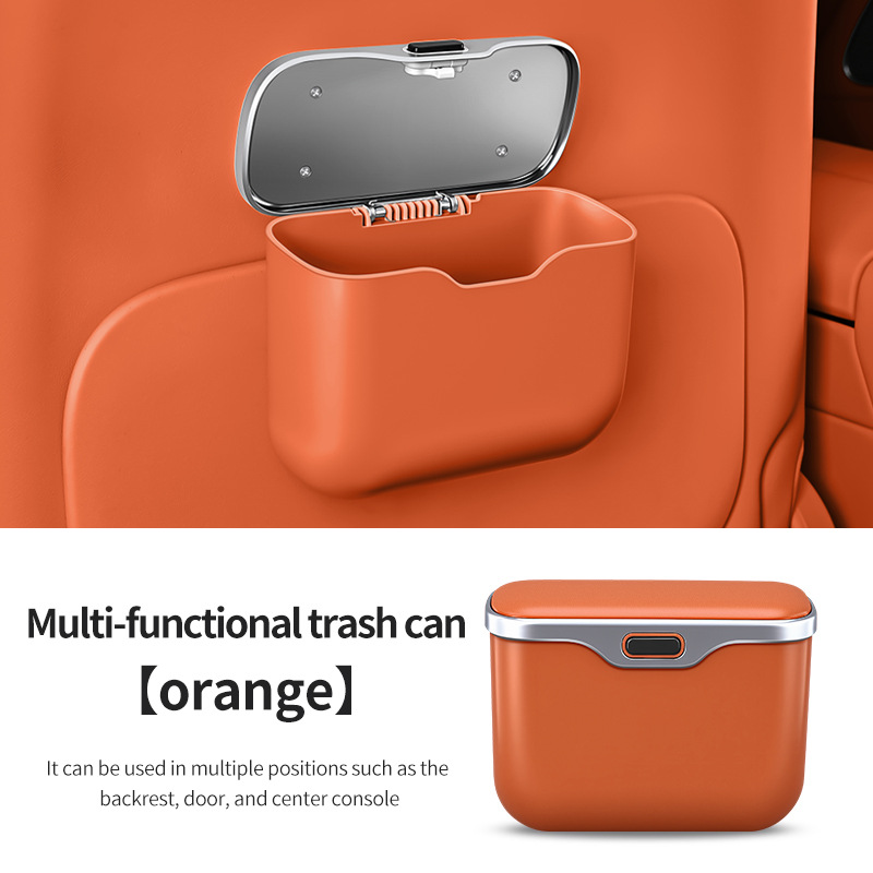 Car Trash Can Hanging Rubbish Bin with Lid Waterproof Leather Vehicle Organiser Storage Box for Door Seat Back Console Orange