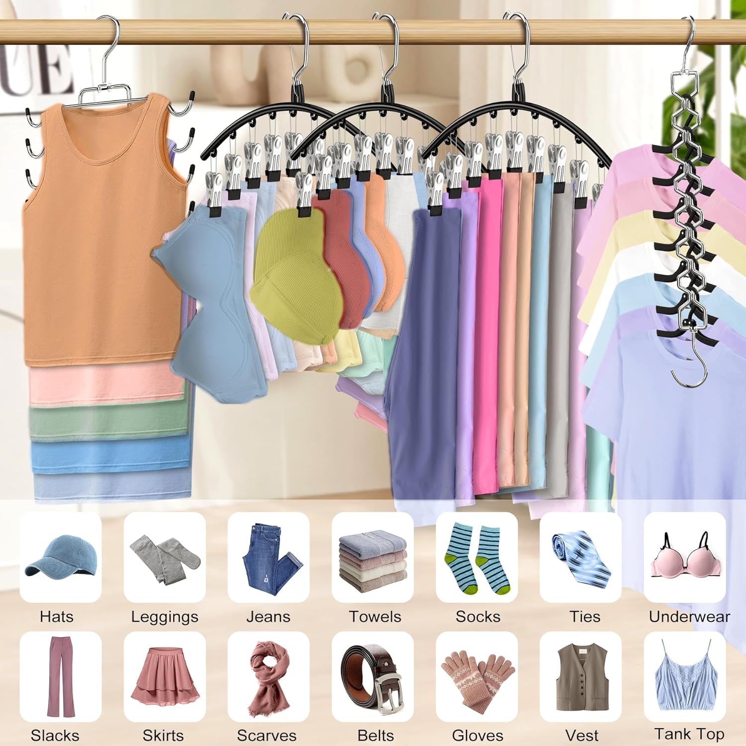 5 Pack Legging Organizer for Closet Hanging, 3 Pants Leggings Hangers with 30 Clips, 1 Tank Top Hanger, 1 Metal Magic Space Saving Hangers Closet Organizers — image 2