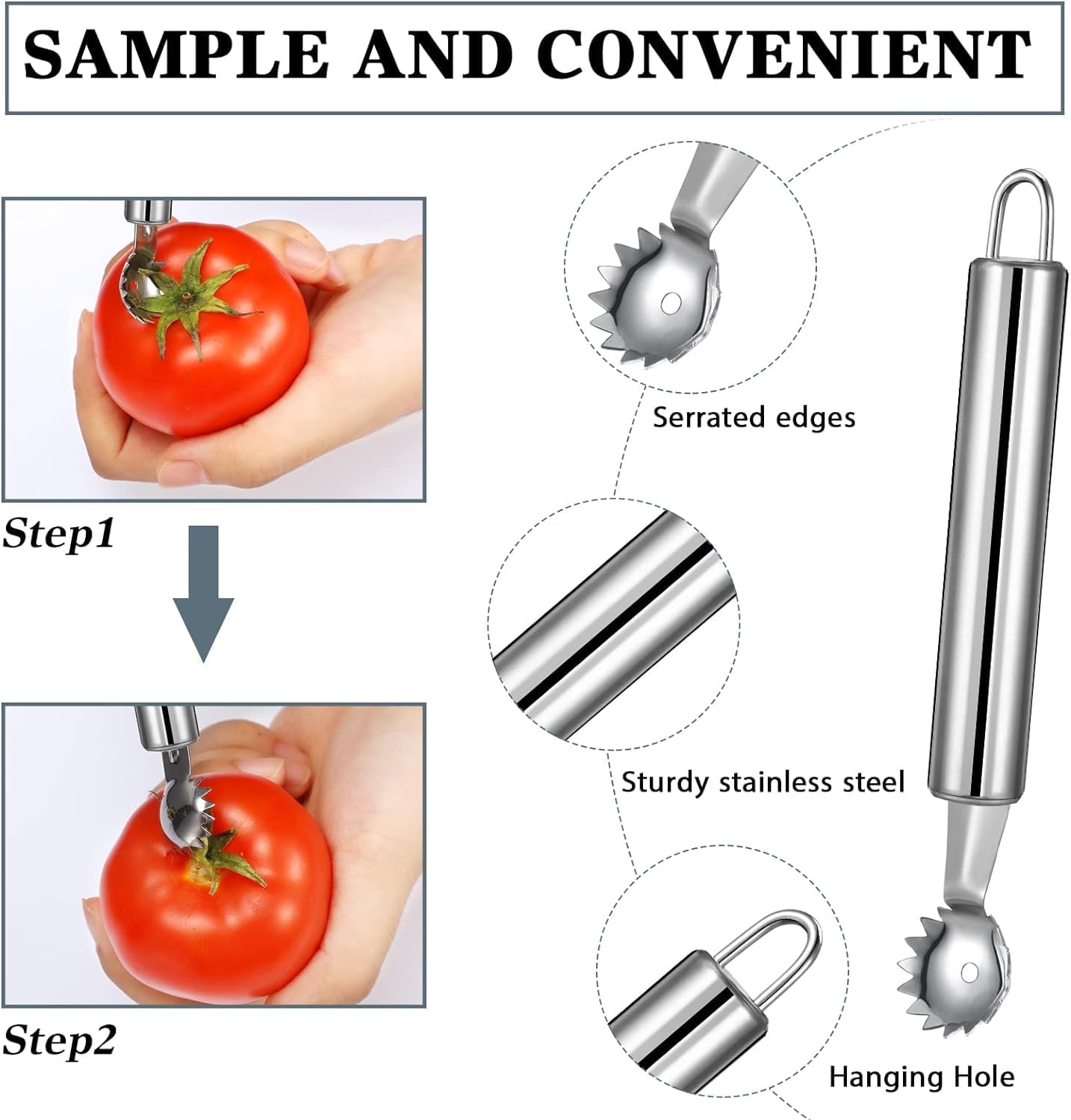2 Pcs Stainless Steel Strawberry Huller and Tomato Stem Corer Tool, Tomato Stem Corer Tool,Stainless Steel Strawberry Huller Corer Vegetable and Corer โ image 3