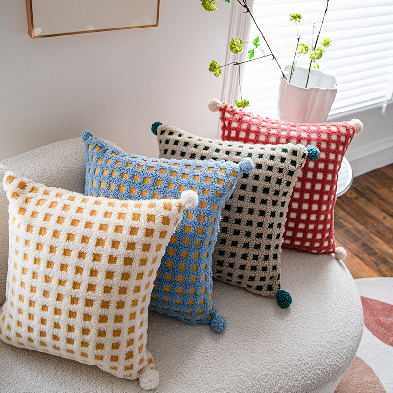 Blue and Yellow 3D Checkered Cushion Cover with Pom Poms - Soft Decorative Pillow Case for Sofa & Living Room (45x45cm, Cover Only) — image 2