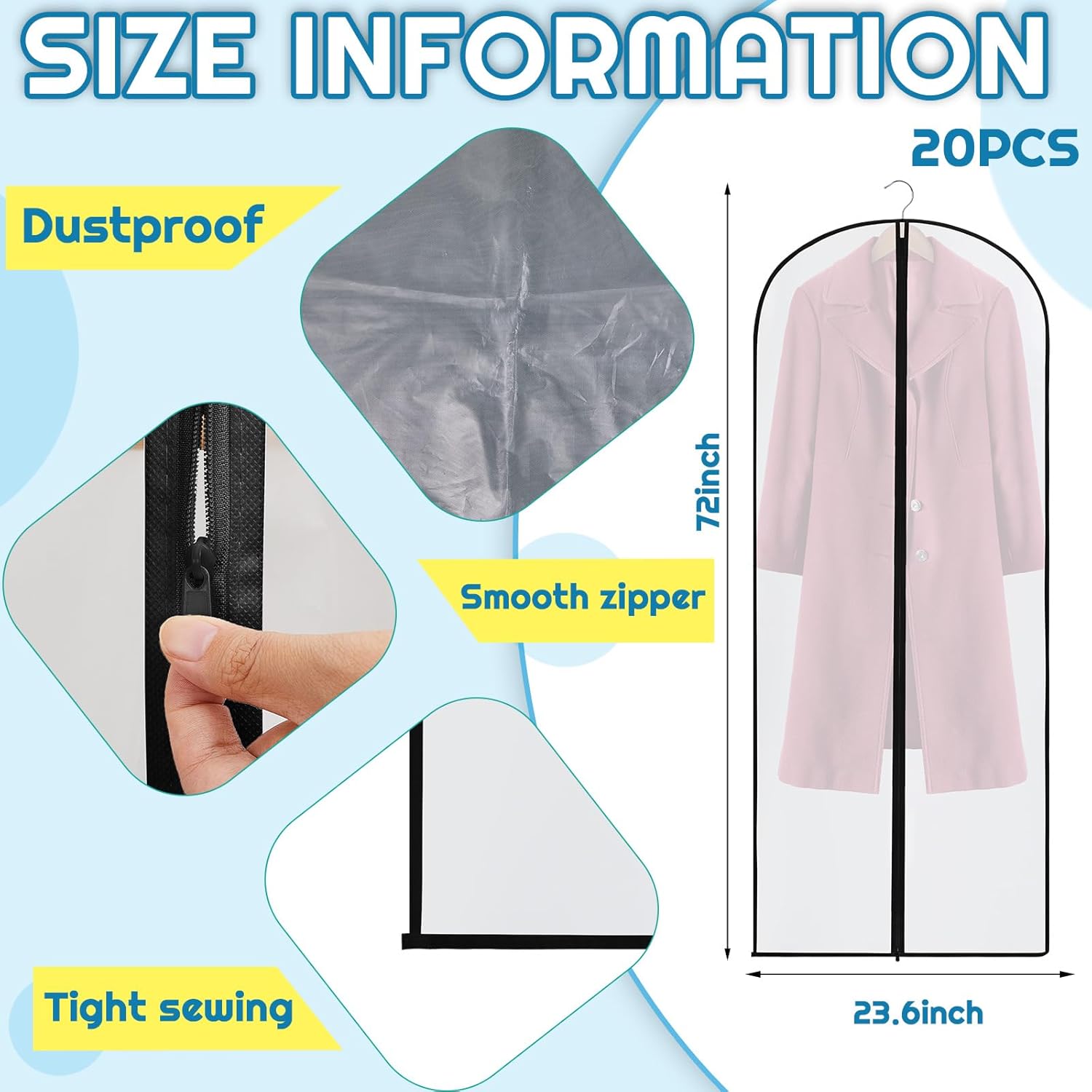 20 Pcs 24 × 72 Inch Garment Bags Bulk Hanging Clothes Storage Covers for Closet Organization Dustproof Transparent Dress Suit Bag Set Wedding Dresses Long — image 2