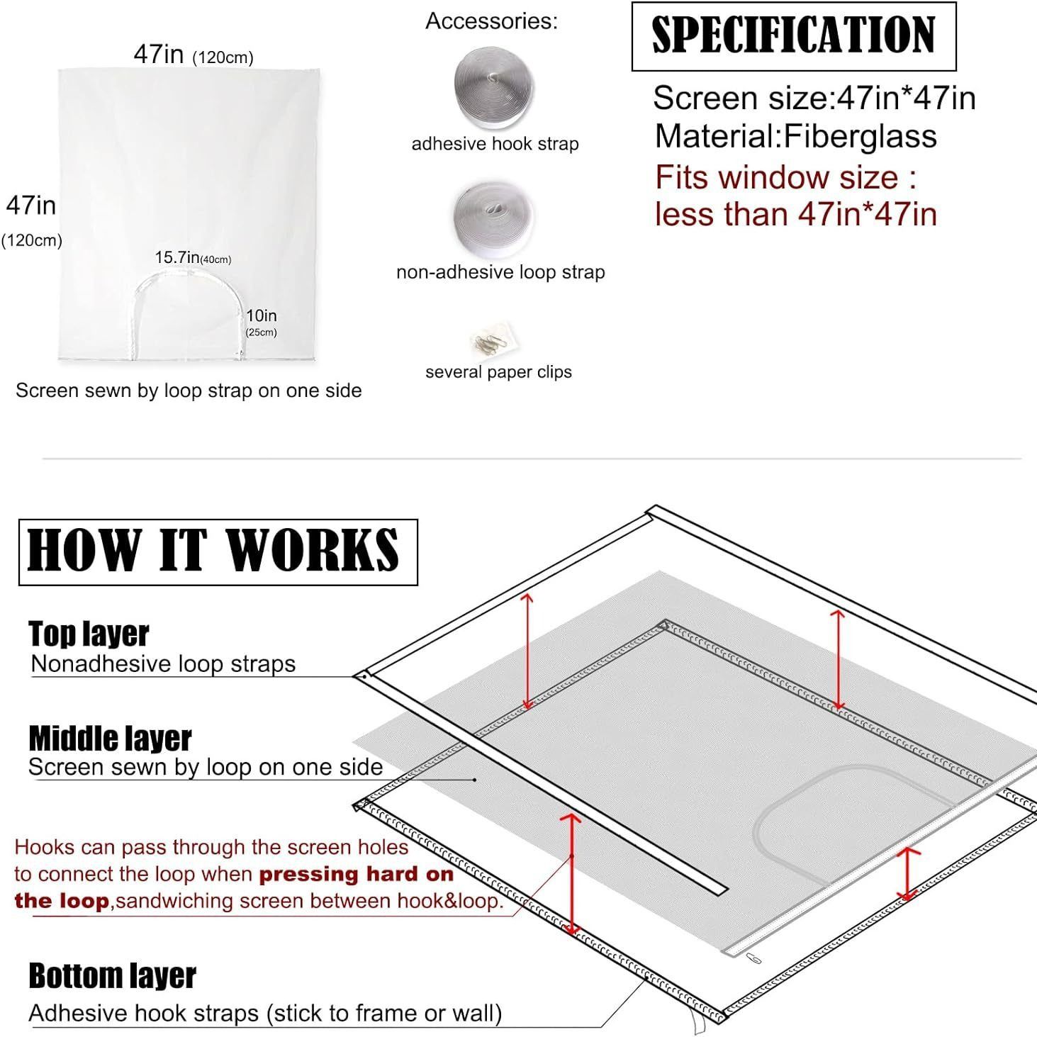 Adjustable Window Screen Replacement kit DIY with Zipper Opening, Fiberglass White 47in X 47in can be Cut fits Smaller — image 2