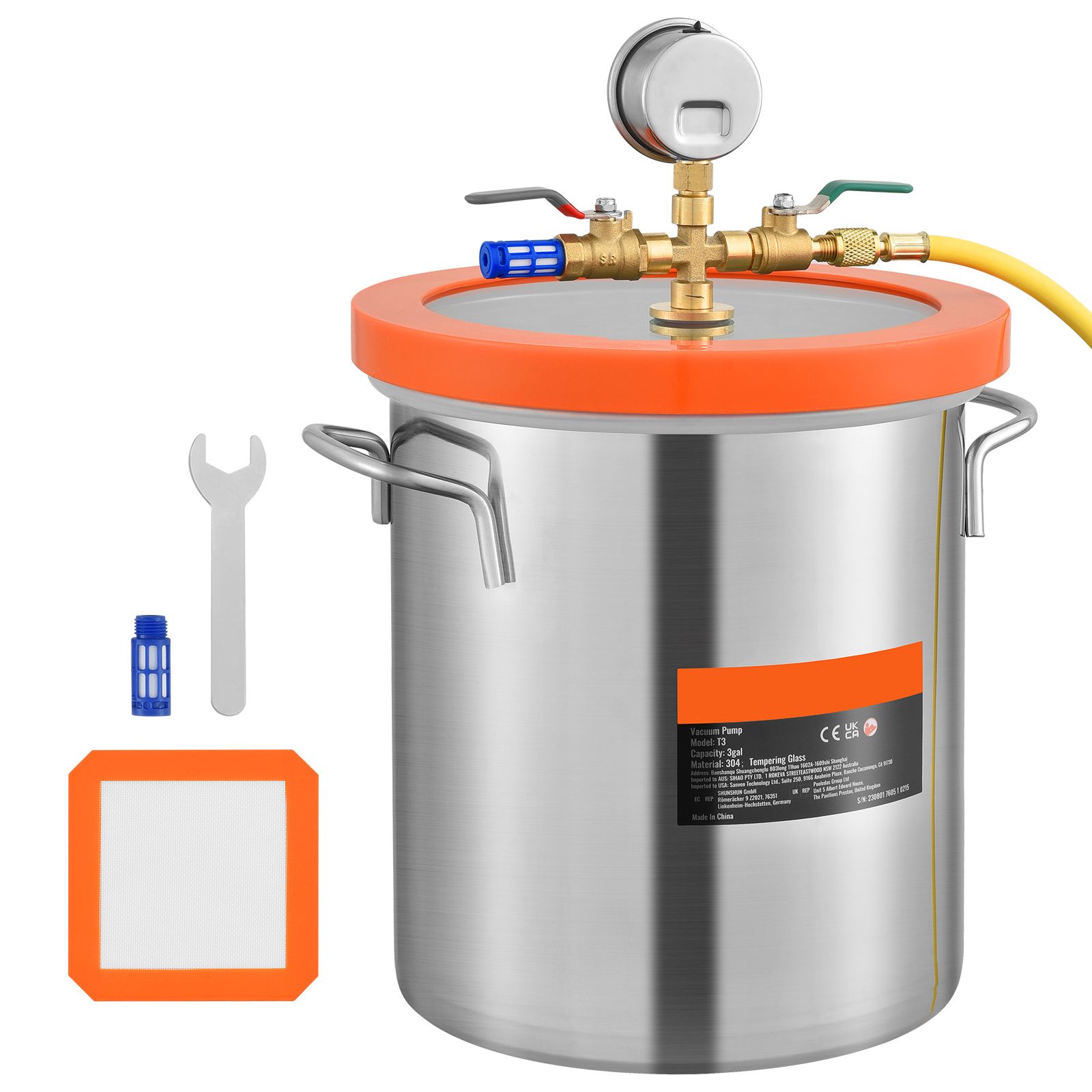 5 Gallon Vacuum Chamber, Upgraded Tempered Glass Lid Vacuum Degassing Chamber, 304 Stainless Steel Chamber, for Stabilizing Wood, Resin Degassing, Silicone