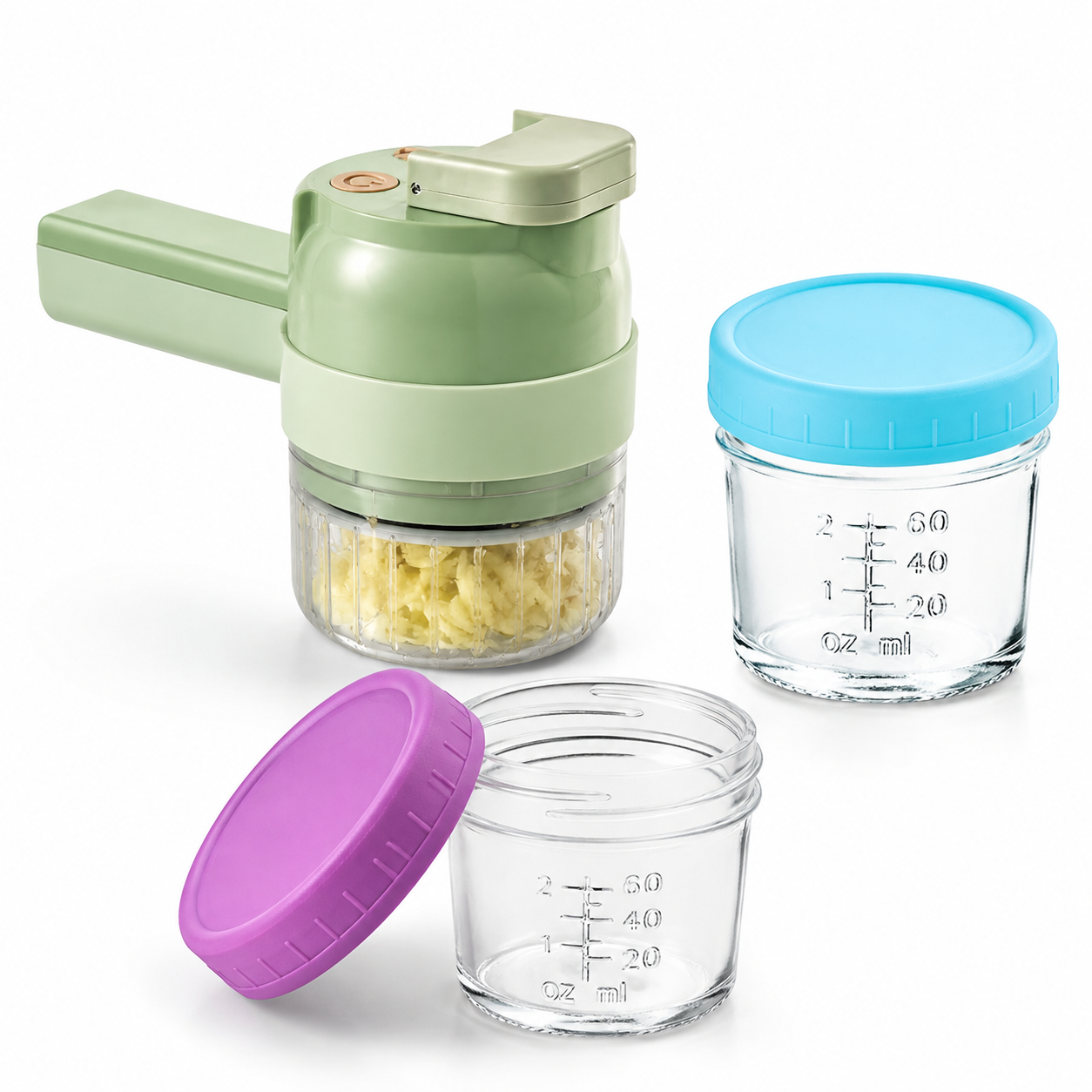 Seasoning Preparation and Storage Set-Green Electric Handheld Food Processor With Light Blue lid and Purple lid 4oz Glass Storage Jars - USB-C Charging