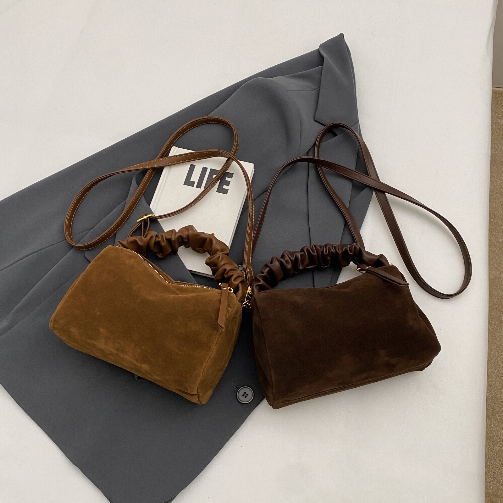 Brown Chic Ruched Handle Crossbody Bag - Womens Faux Suede Top Handle Handbag with Detachable Strap โ image 2