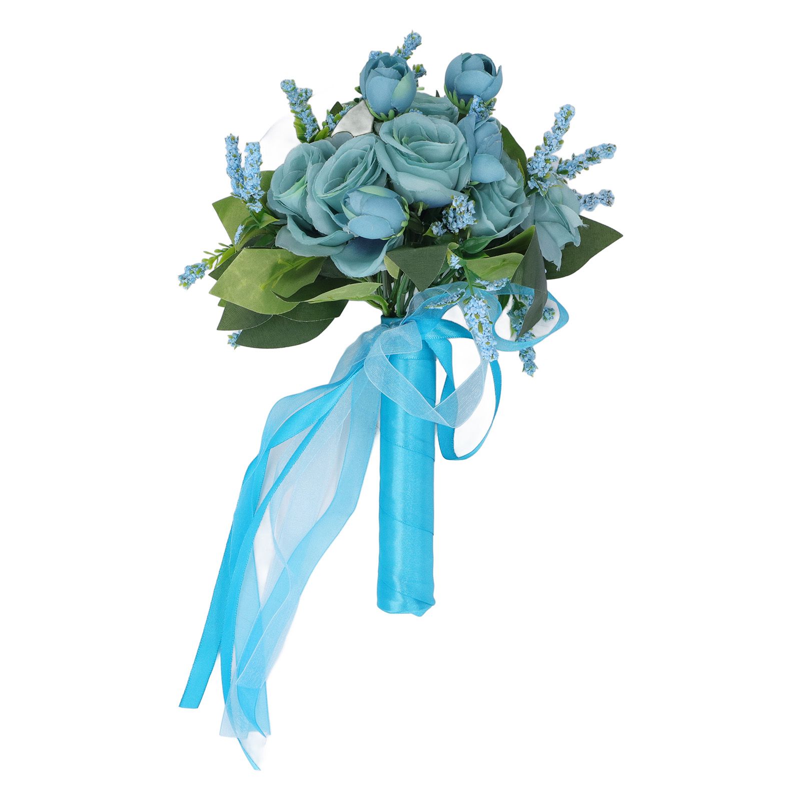 Wedding Bouquet Simulation Artificial Rose Lifelike Green Leaves Modern Elegant Rose for Wedding Church Home Decor Lake Blue — image 6