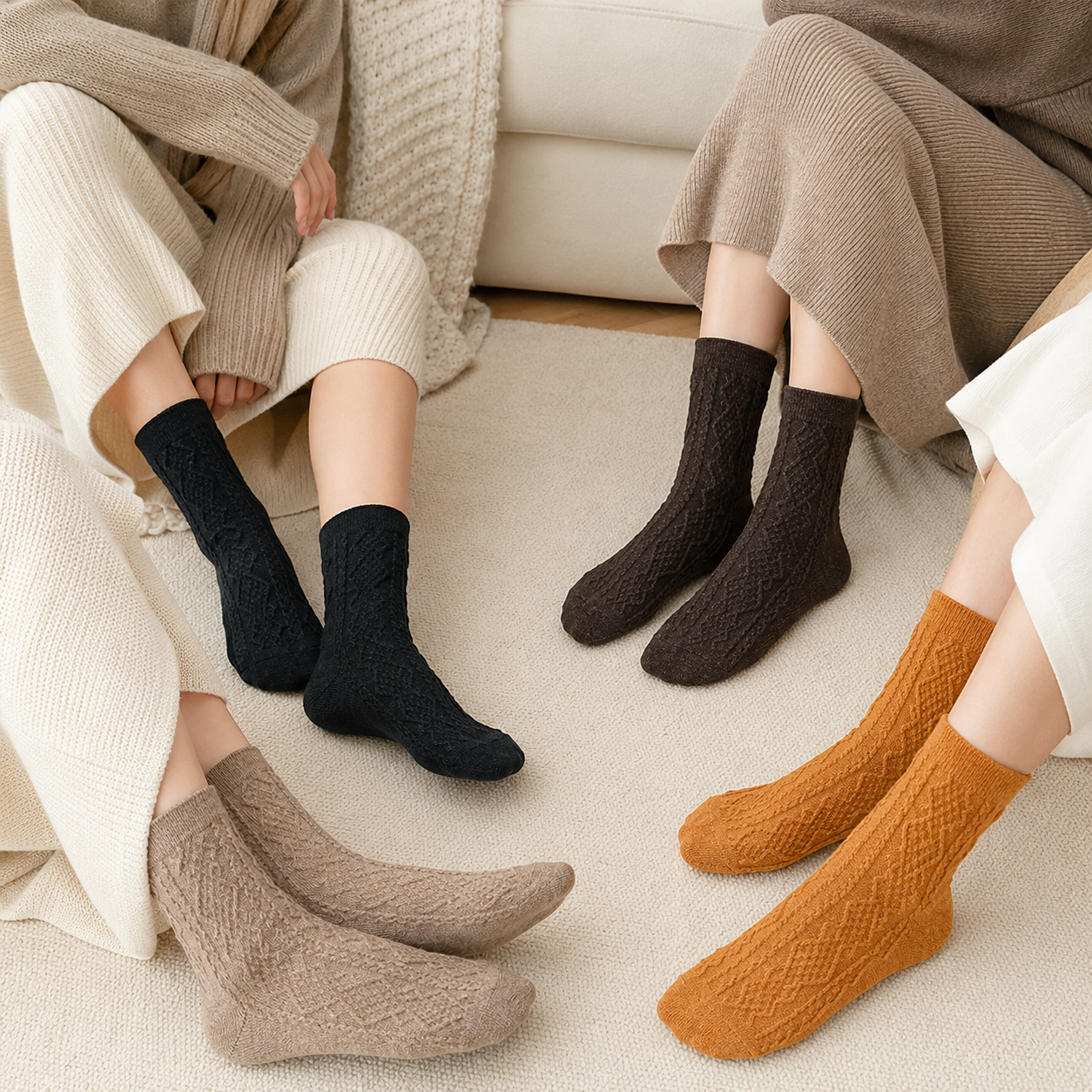 Diamond Knit Mid-Calf Socks for Women, Retro Textured Crew Style with Elastic Cuff, 5 Pairs โ image 2