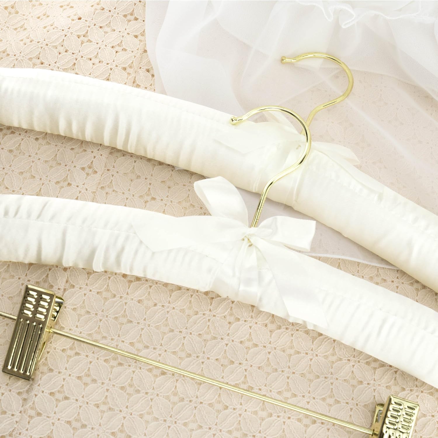 HANGERWORLD Pack of 5 Ivory Satin Padded Hangers with Clips for Skirts, Pants & Sweaters with Non-Slip Buttons, Pretty Hanger for Women Clothing - 17 Inch — image 6