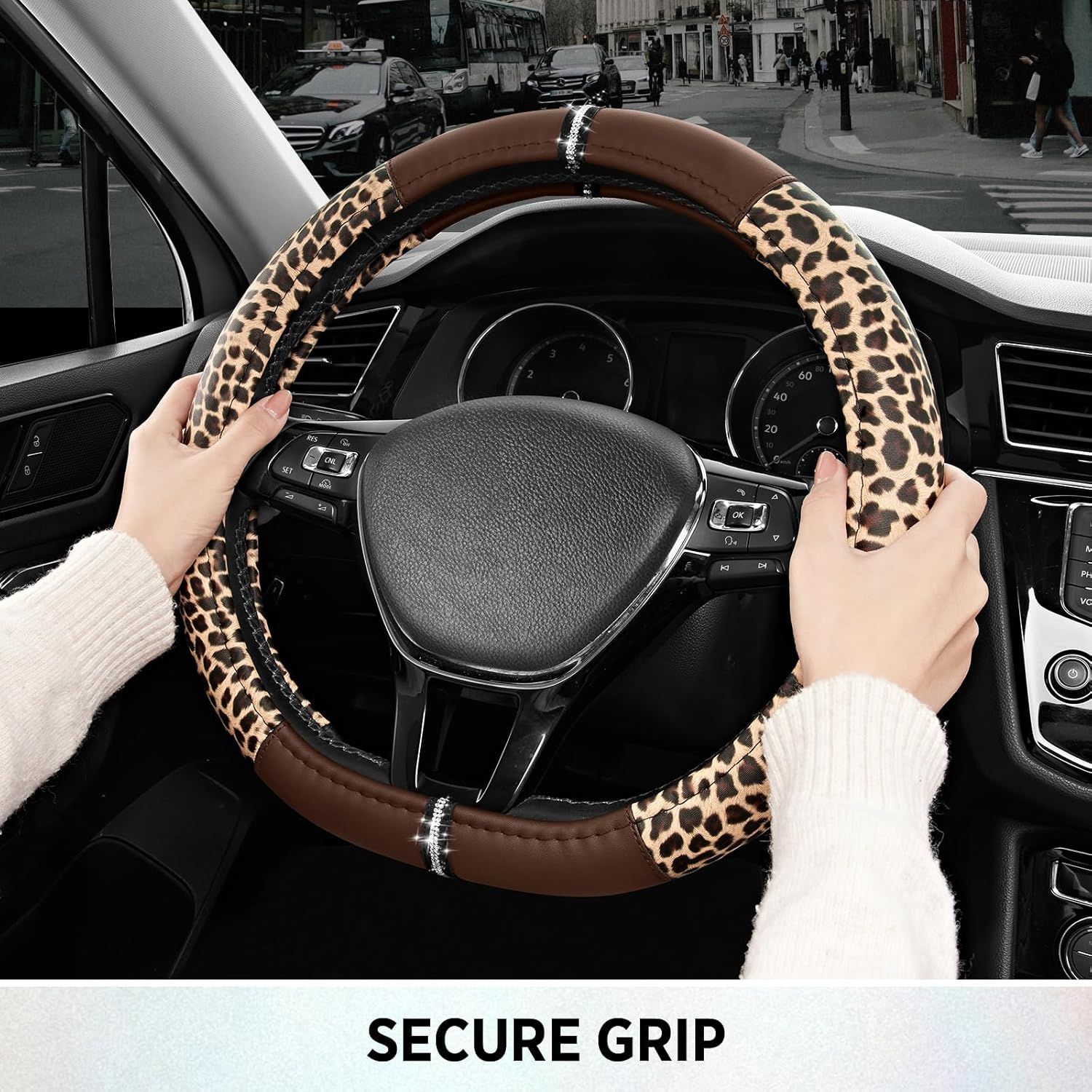 Leopard Steering Wheel Cover for Women, Cute Anti-Slip Microfiber Leather, Fits D Shape Flat Bottom Steering Wheel 14.5-15 Inch - Brown โ image 5