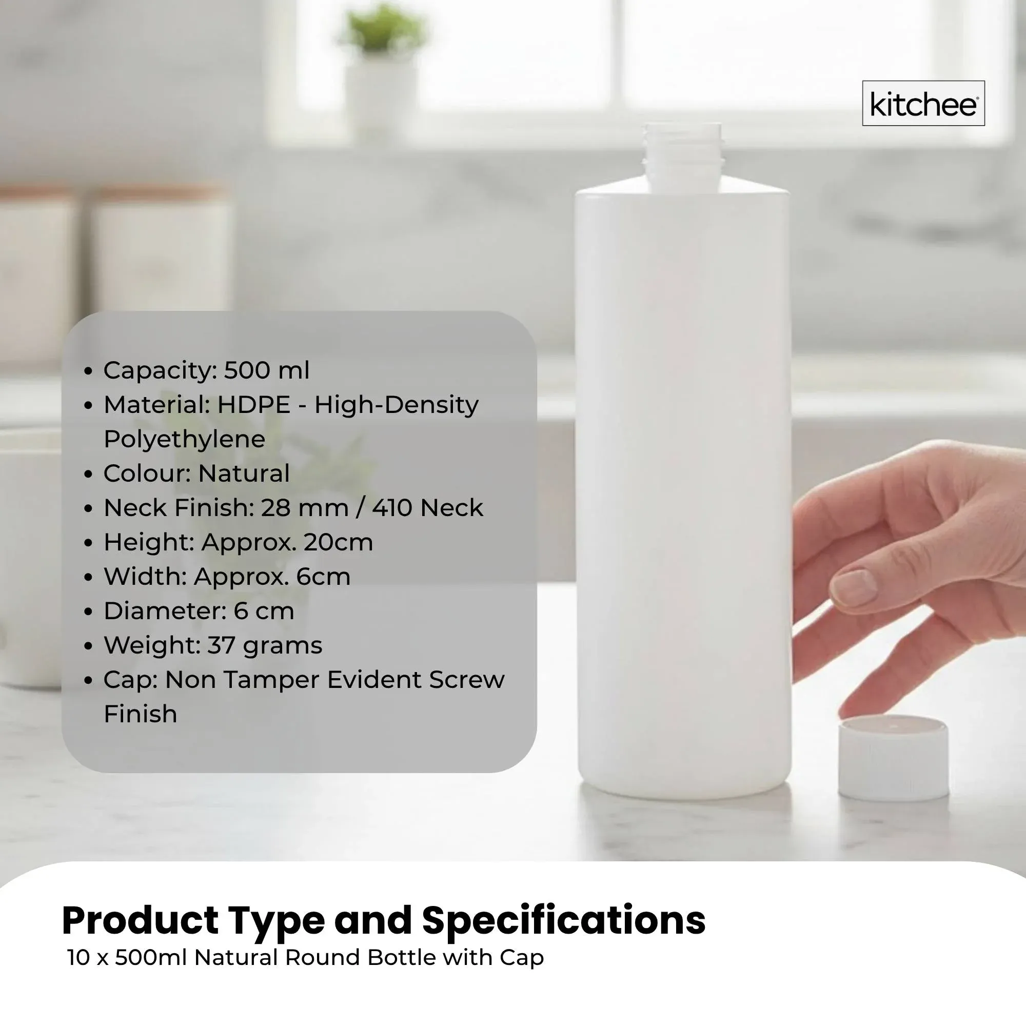 Kitchee 10x 500ml Natural HDPE Round Bottle + 28/410 Caps - Empty Plastic Food Storage — image 3