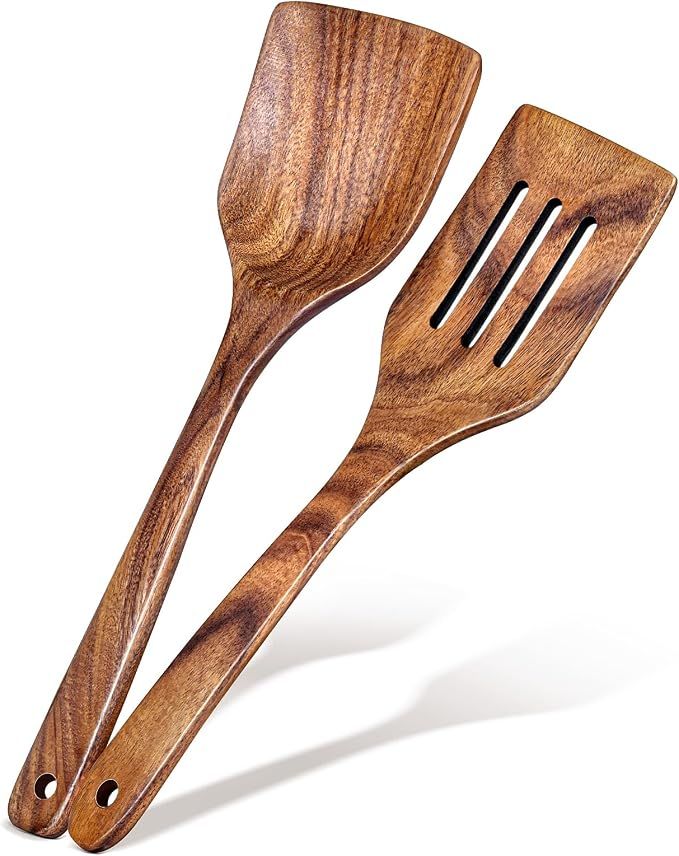 2Pcs Wooden Spatula, Acacia Solid & Slotted Turner Spatula Set, Long Handle Flat Frying Spatulas, Ideal Kitchen Gift for Mother and Grandma, Kitchen Utensils