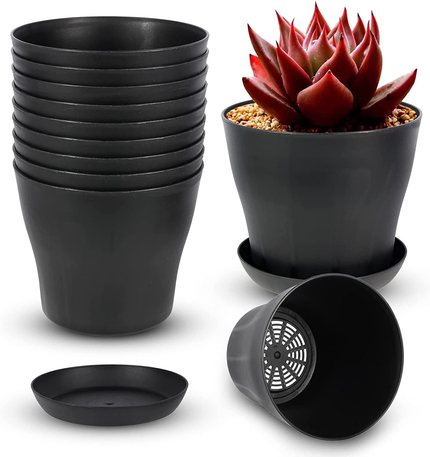 Pots for Plants, 8 Pack 4 inch Plastic Planters with Multiple Drainage Holes and Trays - Plant Pots for All Home Garden Flowers Succulents (White) 4inch-Black โ image 4
