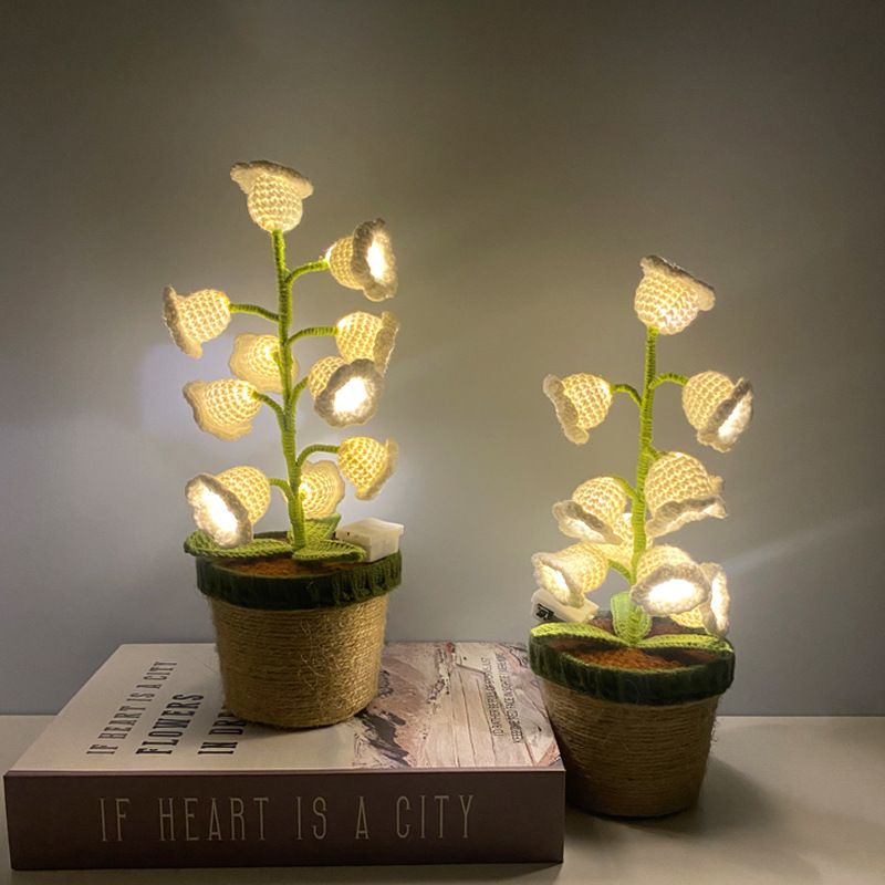 Yellow Crochet Single Lily of the Valley Night Light - Handmade Cotton Yarn LED Potted Flower White Lamp, 3 Brightness Adjustment, Battery Operated Desk Decor โ image 3