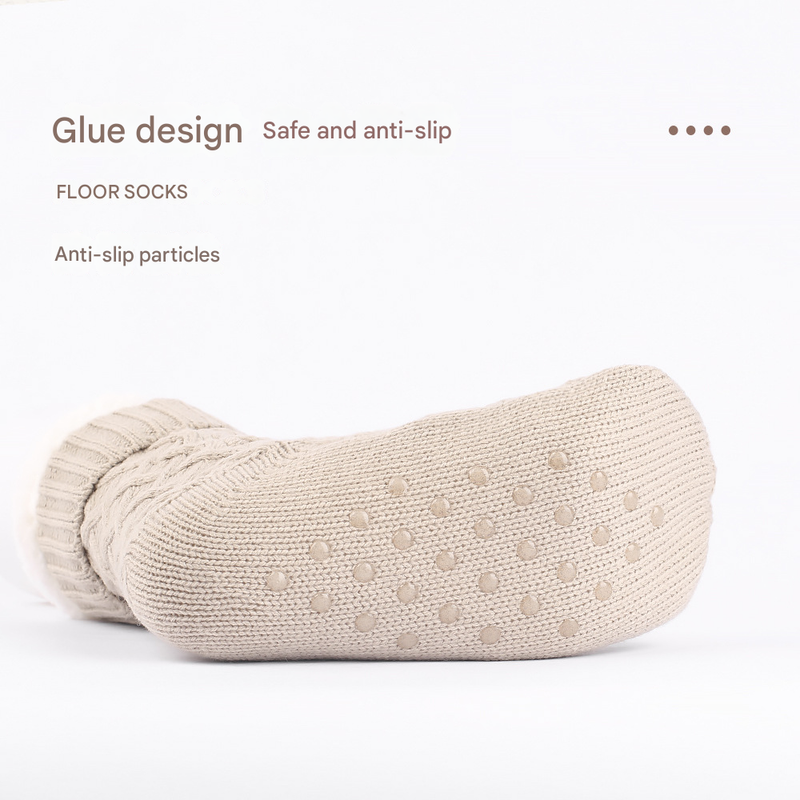 Khaki Women's Cozy Cable Knit Slipper Socks - Plush Fleece Lined Thermal Socks with Non-Slip Grips — image 3