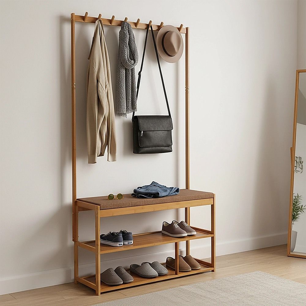 97x168cm Hallway Bench Coat Rack Stand Multifunctional Hall Shelf Entryway — image 2