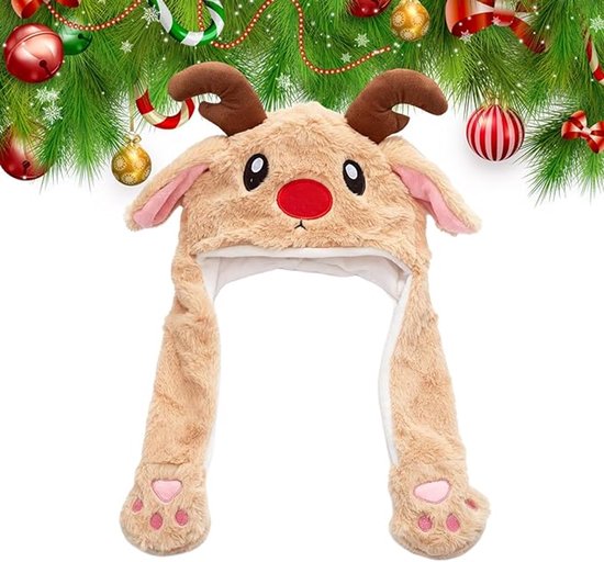 Hats - Santa Hats - Plush Santa Hats - Cute Bouncy Ear Warmers - Interactive Animation Design - Suitable for Cosplay, Parties, Music Festivals, Costumes and