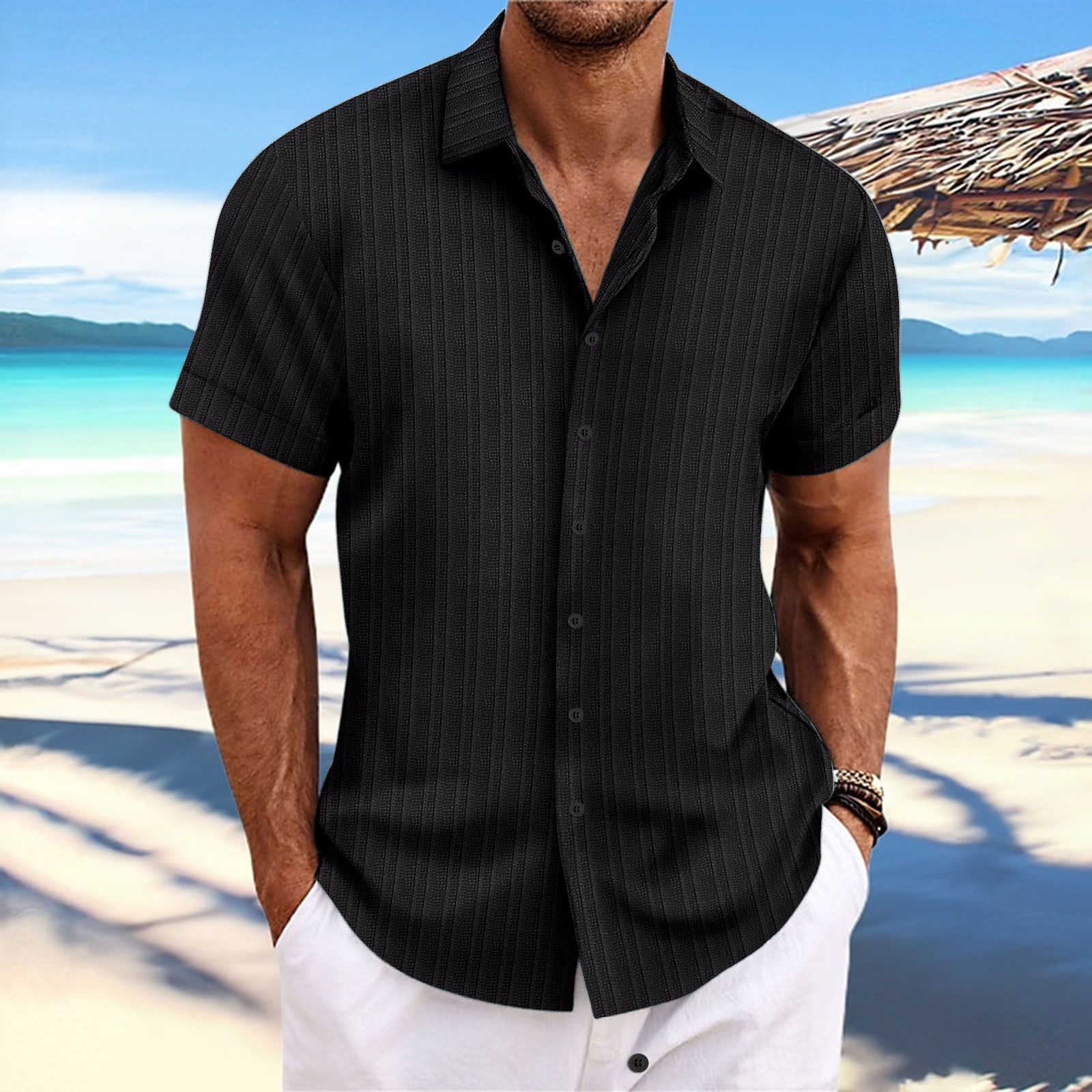 Men Cotton Linen Striped Casual Shirt Light blue XXXL — image 6