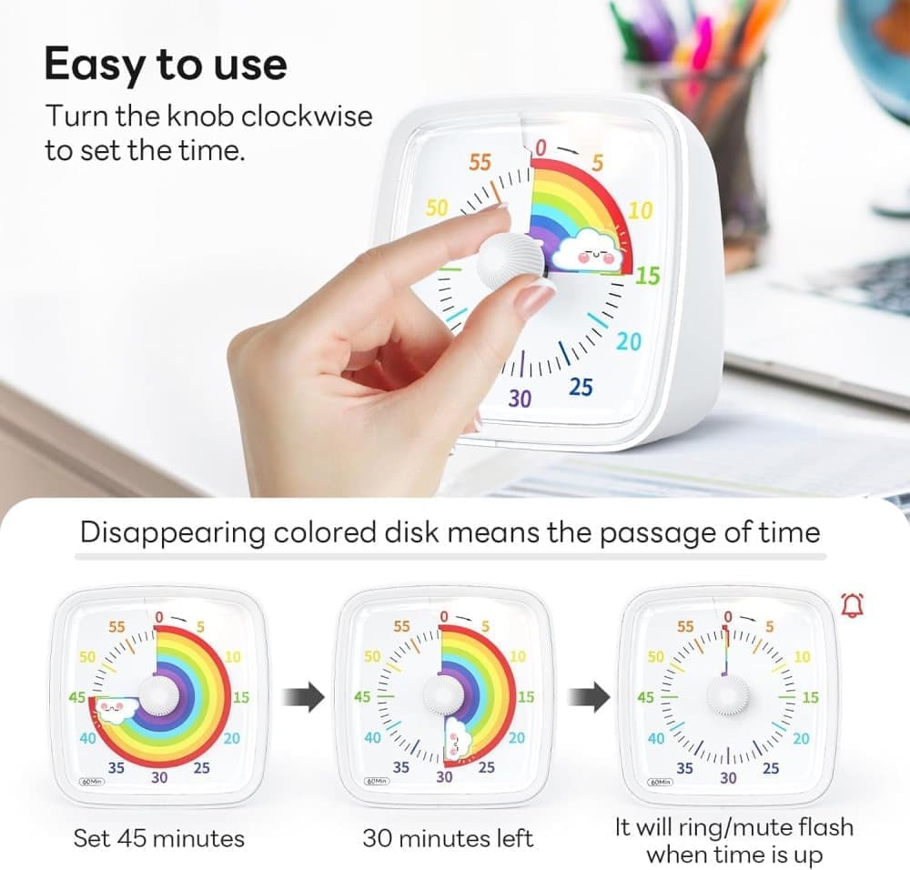60 Minutes Visual Timer with Rainbow Pattern, Silent Flash Function, Adjustable Volume, White — image 4