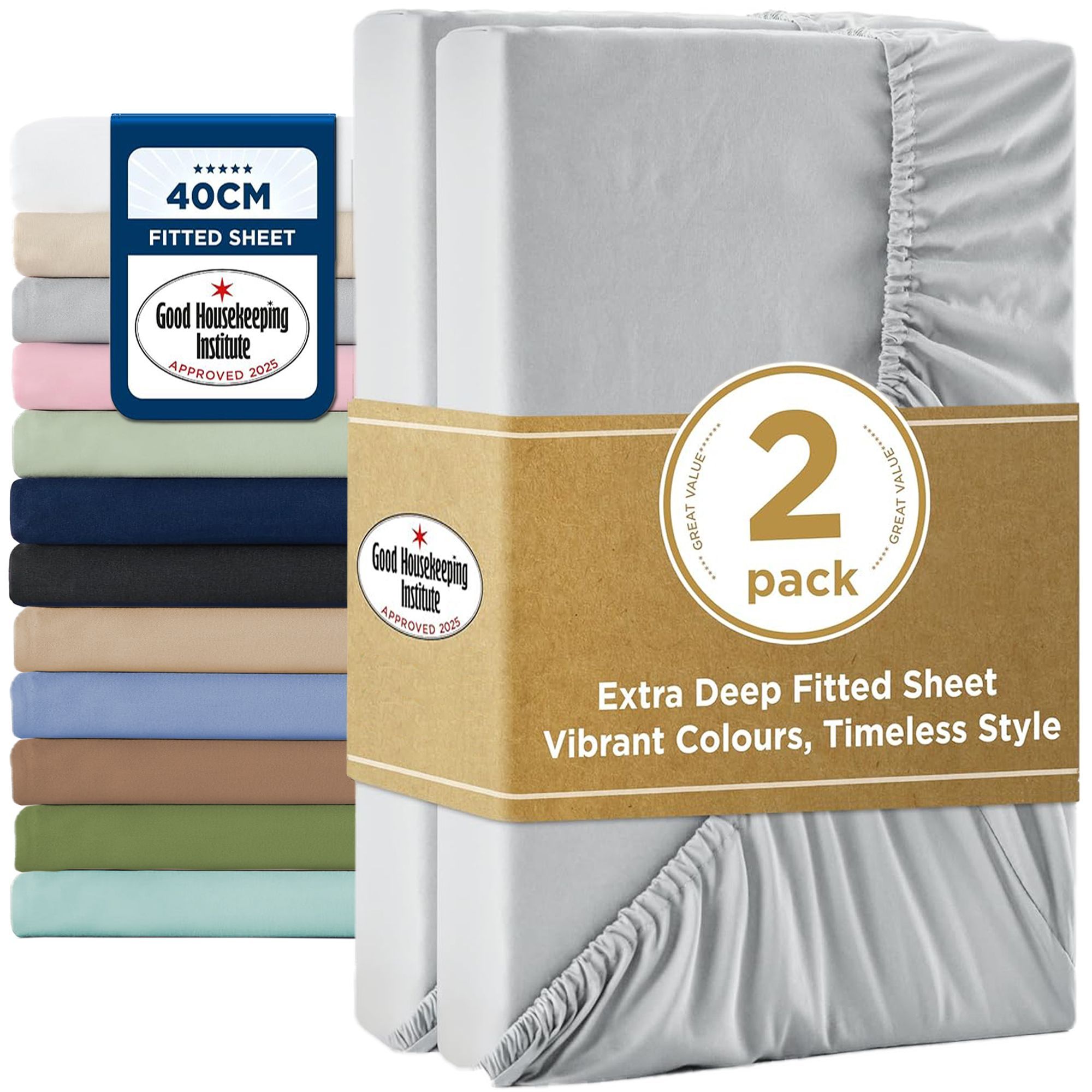 2000TC Hotel Quality Fitted Sheets - 2 Piece Fitted Sheets -Breathable Bedding - Wrinkle, Fade, Stain Resistant- 16inch/40cm Deep Pocket Fitted Bed
