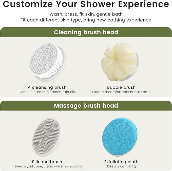 Electric Shower Body Scrubber Brush with 4 Heads, IPX5 Waterproof Rechargeable Back Cleaner for Exfoliating & Massage, 2-Speed Rotating Bath Brush for — image 4