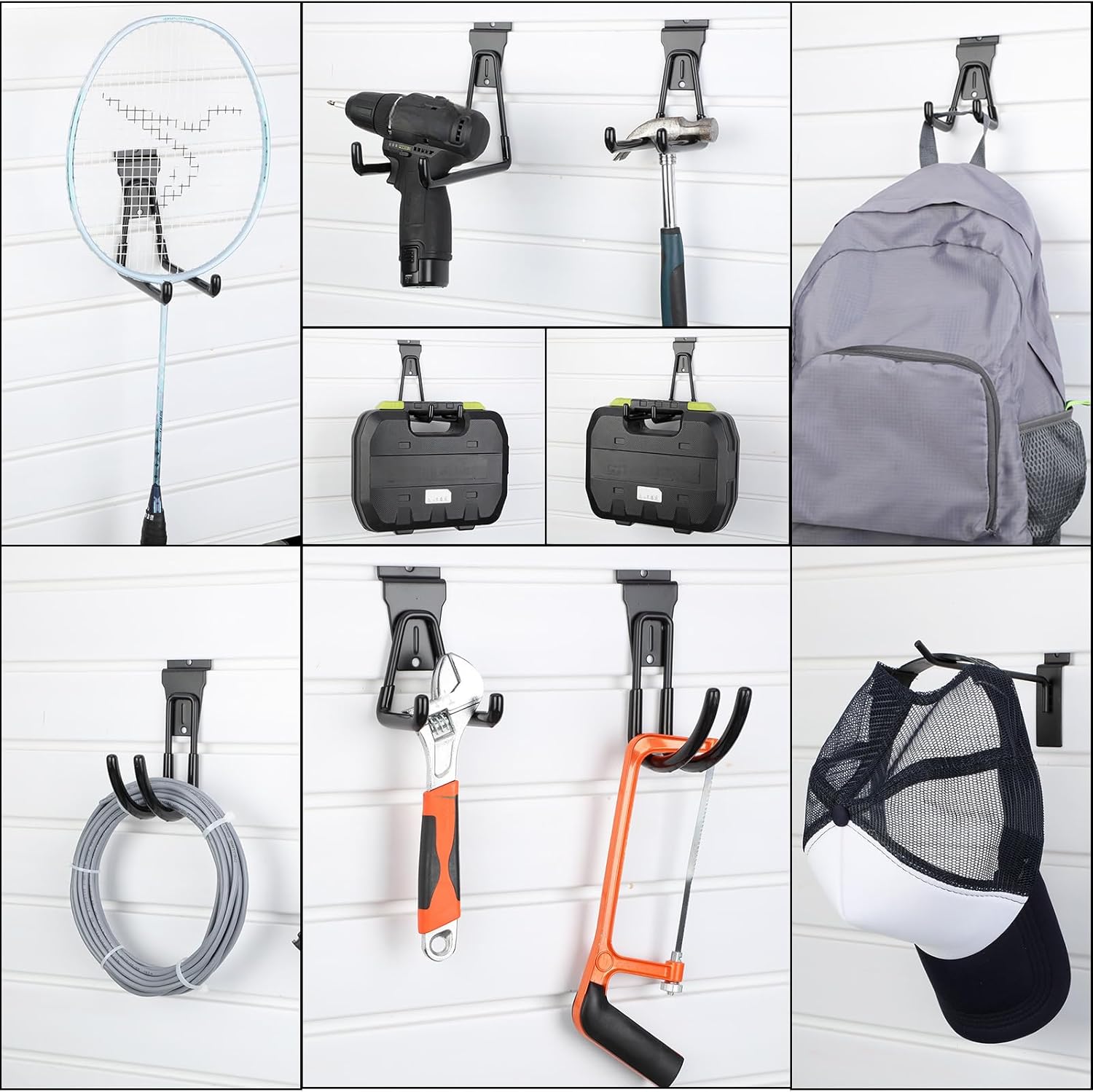 Landhoow 36 Pcs Slatwall Hooks & Hangers 32 Pcs Heavy Duty Slat Wall Hanging Hooks with 4 Pcs Storage Straps Assortment Slatwall Accessories for Storage Garage โ image 4