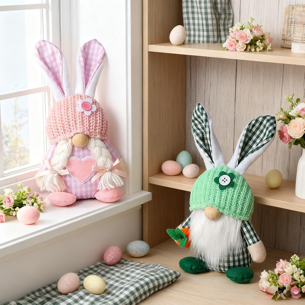 Pink Easter Plush Bunny Gnome Figurine โ Decorative Doll with Long Hair and Checkered Ears for Home Display โ image 2