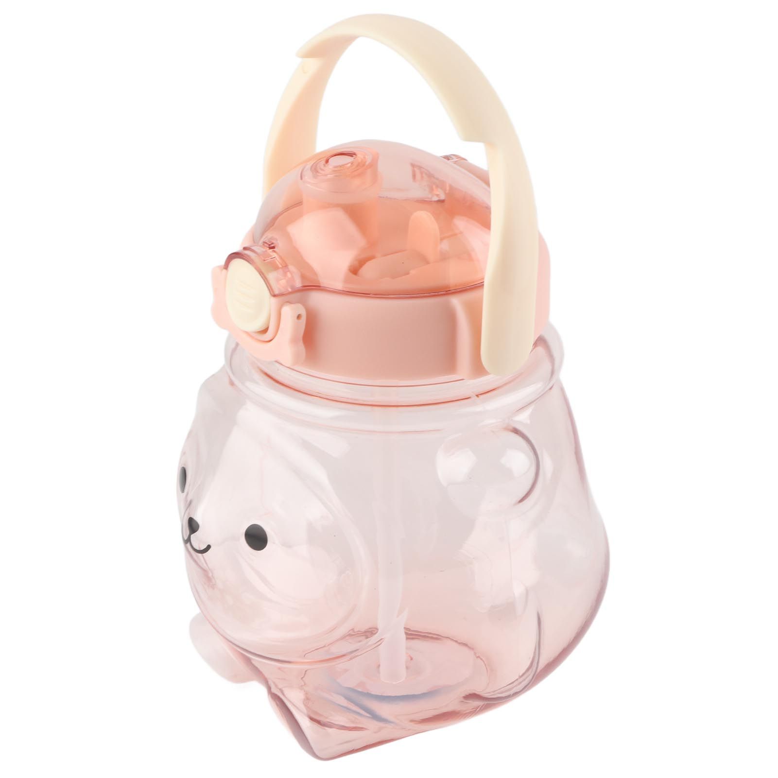 Large Water Bottle 1000ml Cartoon Bear Shape Portable Drinking Bottle with Straw Strap for Summer Pink — image 2