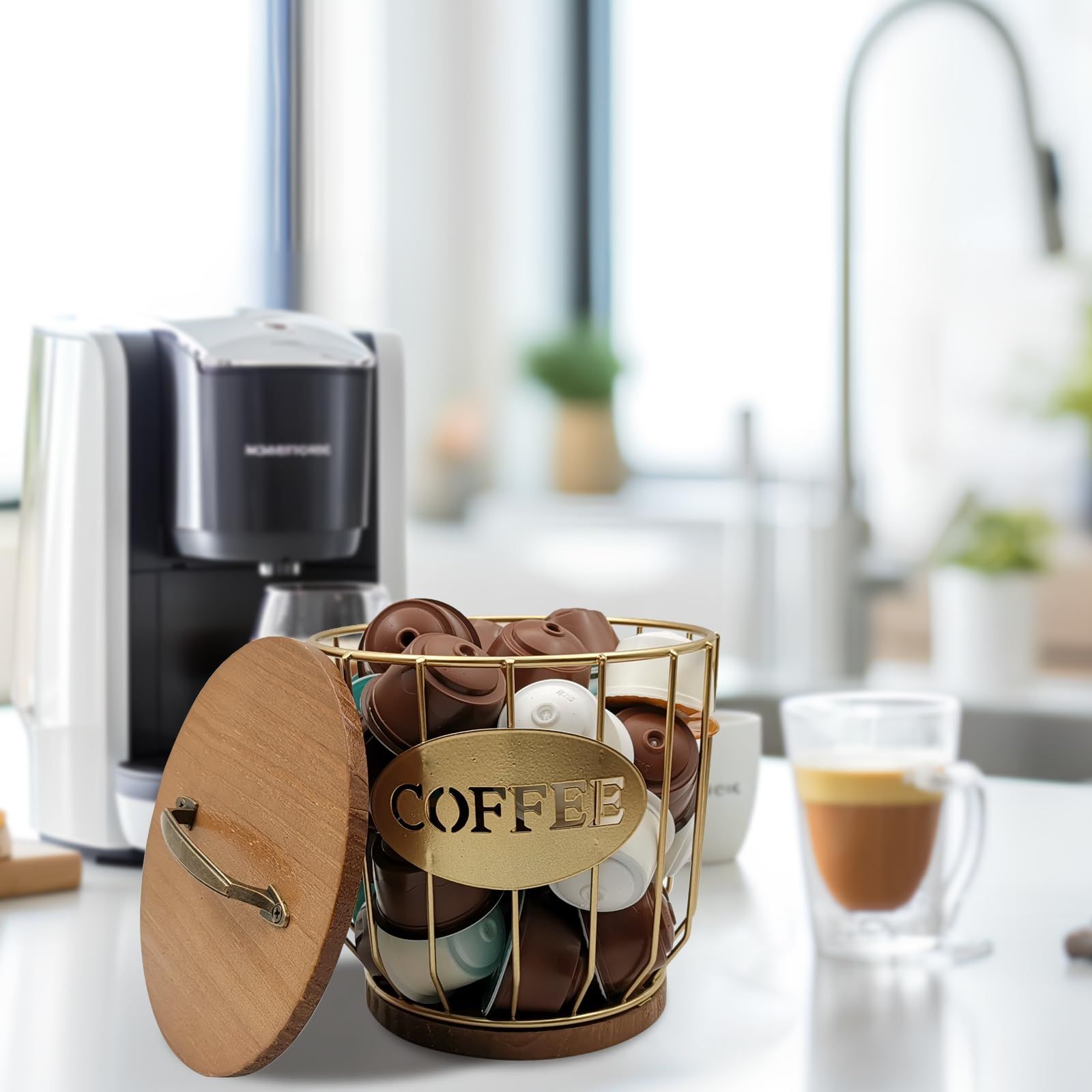 Round Coffee Pods Holder with Wooden Lid and Base,Wire Coffee Pods Storage Basket for Home Cafe Bar Countertop Decor(Gold) — image 2