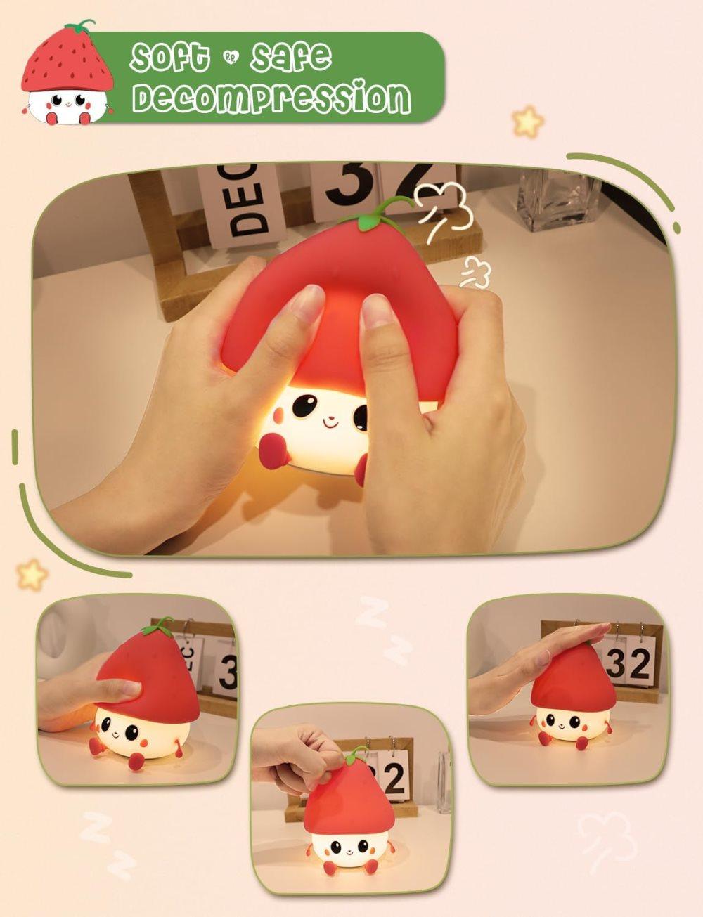 Strawberry LED Night Light USB Rechargeable Dimmable for Kids Baby Girls, Red, Silicone — image 6